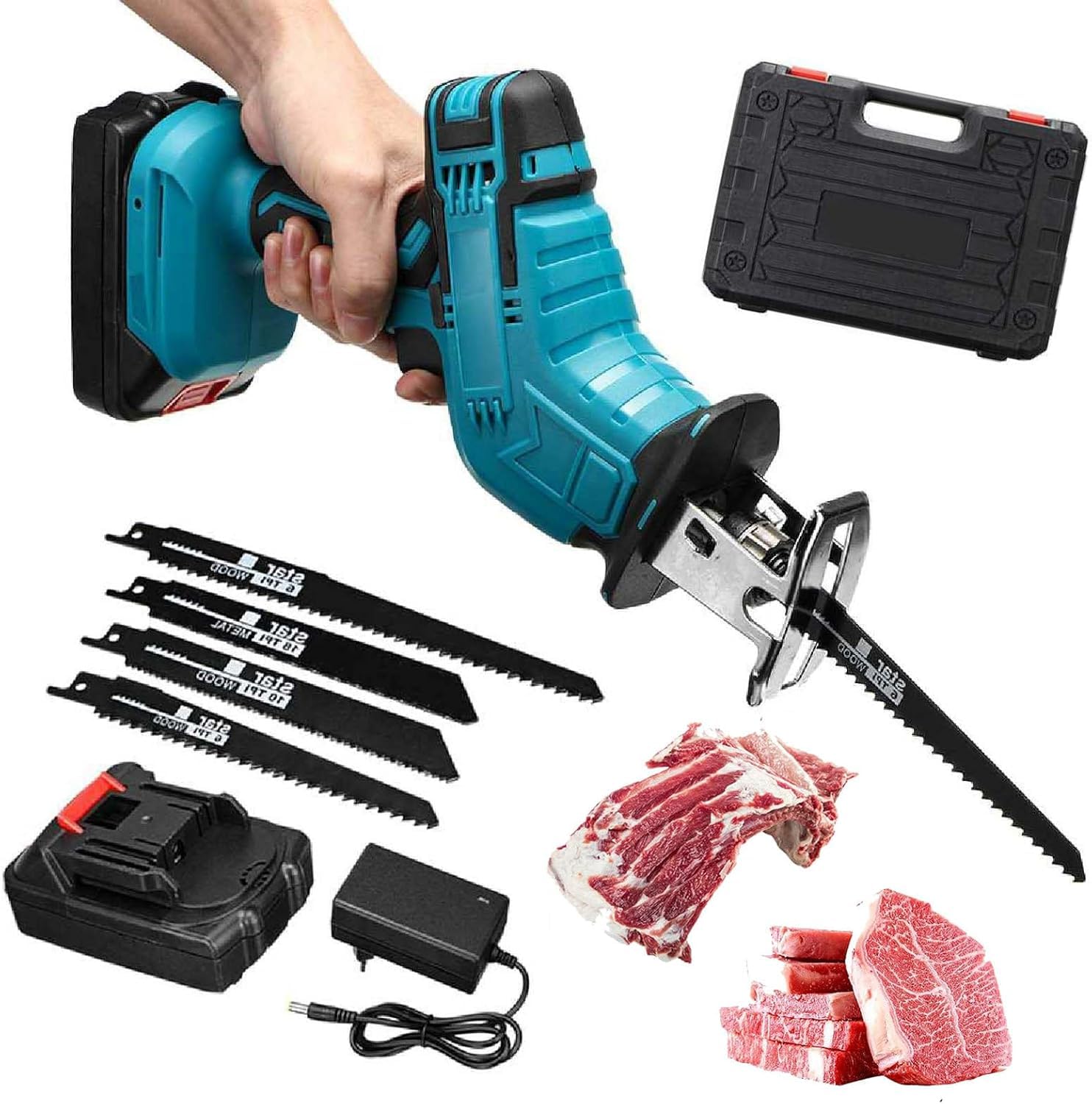 Sega Elettrica per Carne e Ossa Senza Fili, Kit Seghetto Manuale Potente con Luce LED e Scatola di Ricarica, Motore Brushless per Taglio Carni Fresche/Congelate e Ossa di Manzo/Maiale (48V)