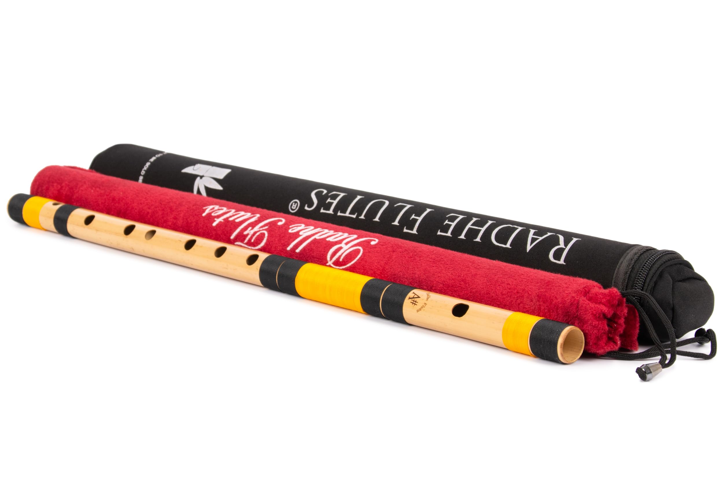 Radhe Flutes Bansuri professionale in bambù, affilato, per destrorsi, base ottava, copertina rigida + copertura in velluto e tubo di carta, nero e arancione, fatto a mano da Tej Sharma