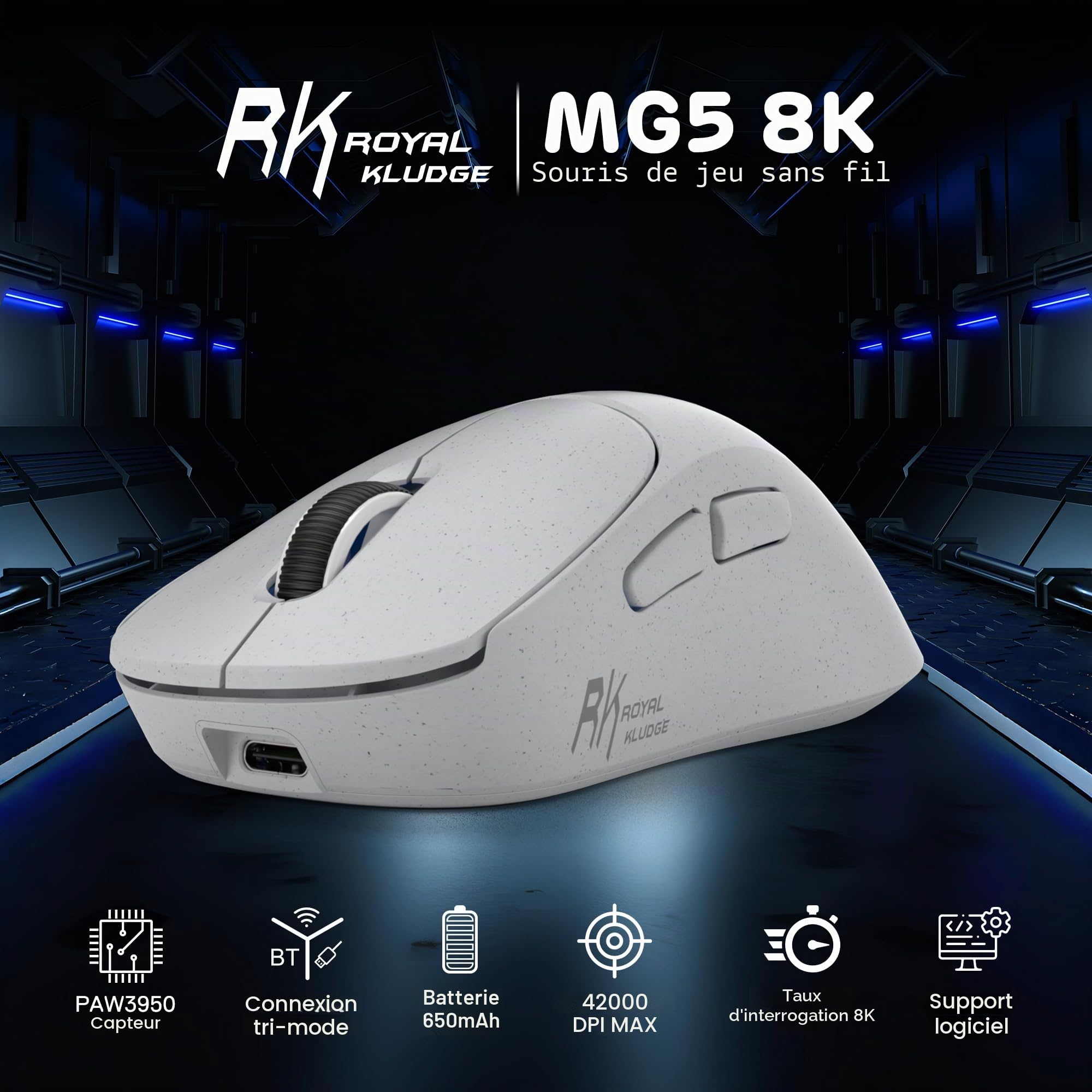 RK ROYAL KLUDGE MG5 8K Souris de Jeu sans Fil 42000 DPI PAW3950 Capteur