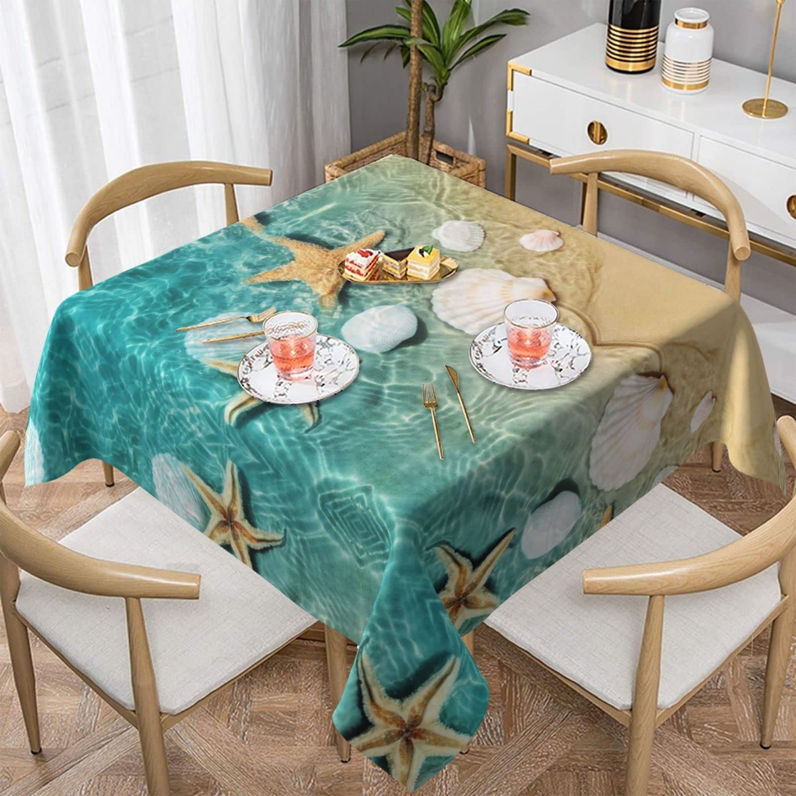 Lawenp Sea Shell Starfish Square Wrinkle-Free Table Cloth Cover Table Decorative for Wedding Dinning Party Banquet Tabletop