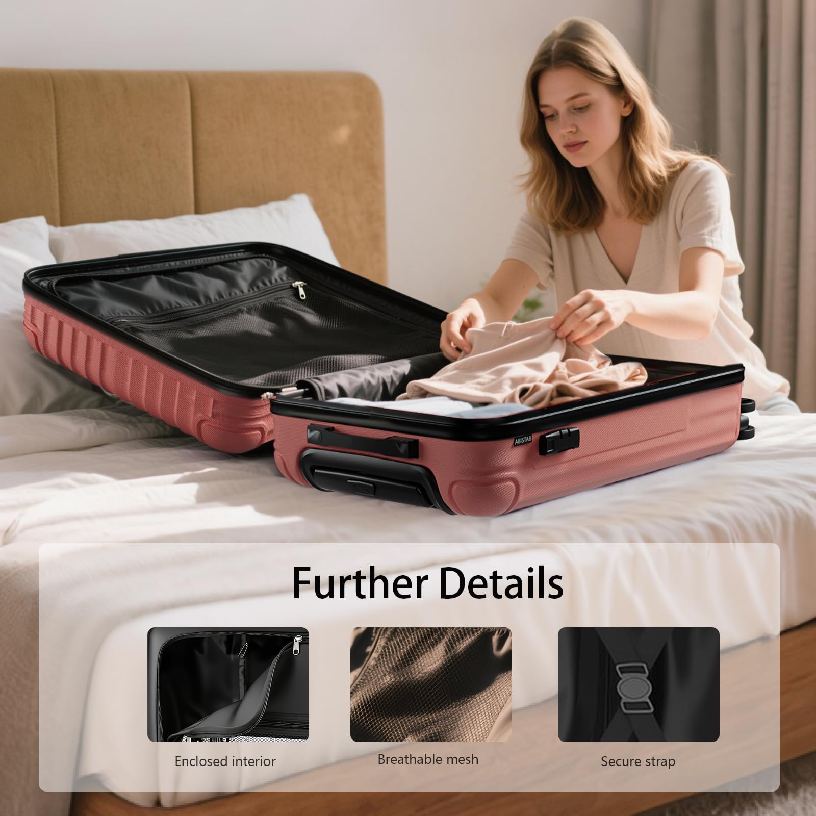 Voyager Handgepäck Koffer 55x35x23cm, Hartschalen Koffer & Trolleys klein, leicht Reisekoffer mit 4 Rollen, Zahlenschloss, Rosenrosa