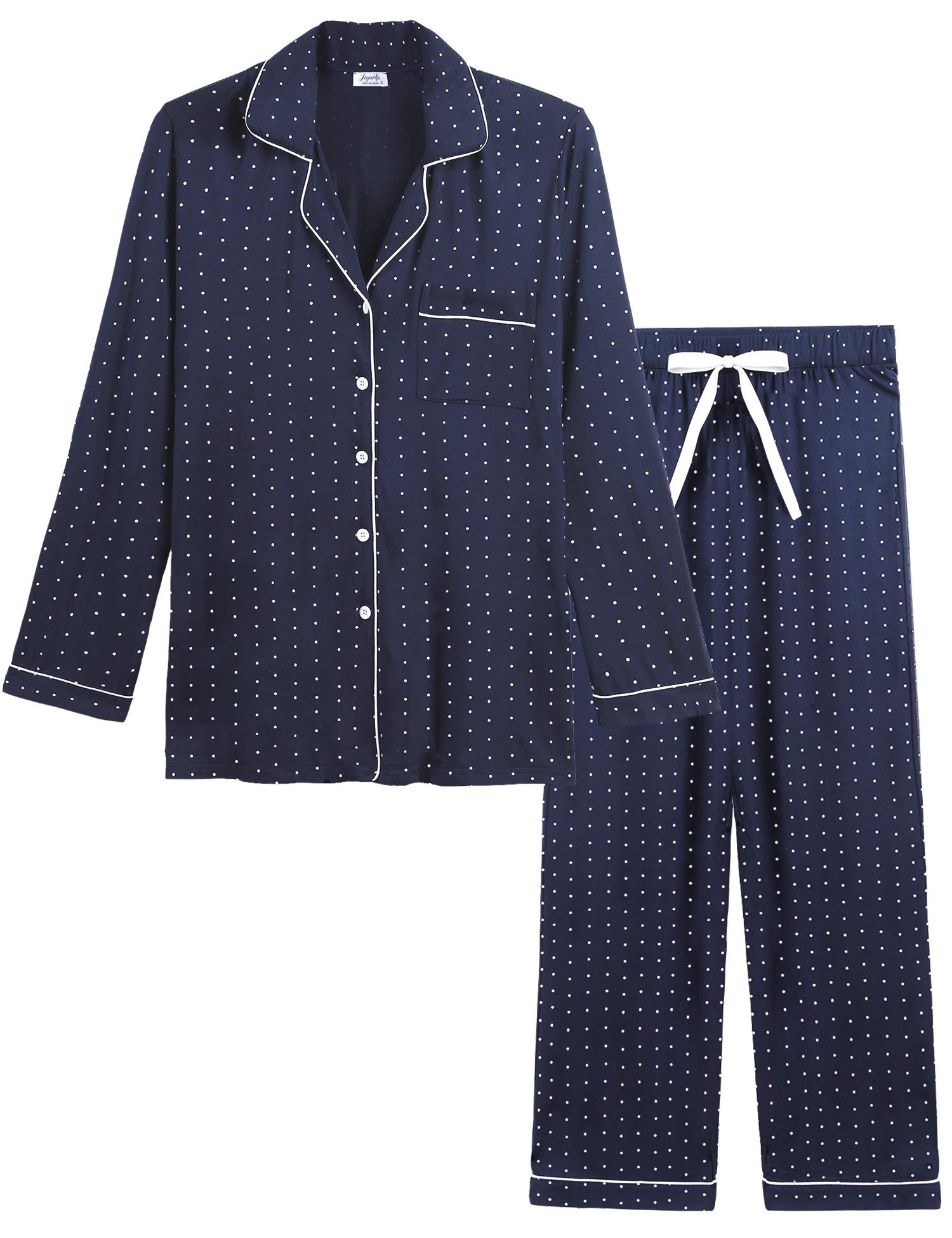 Amorbella Ladies Bamboo Viscose Long Sleeve Pajama/Pj Set Lightweight(Navy Polka Dot, Small)