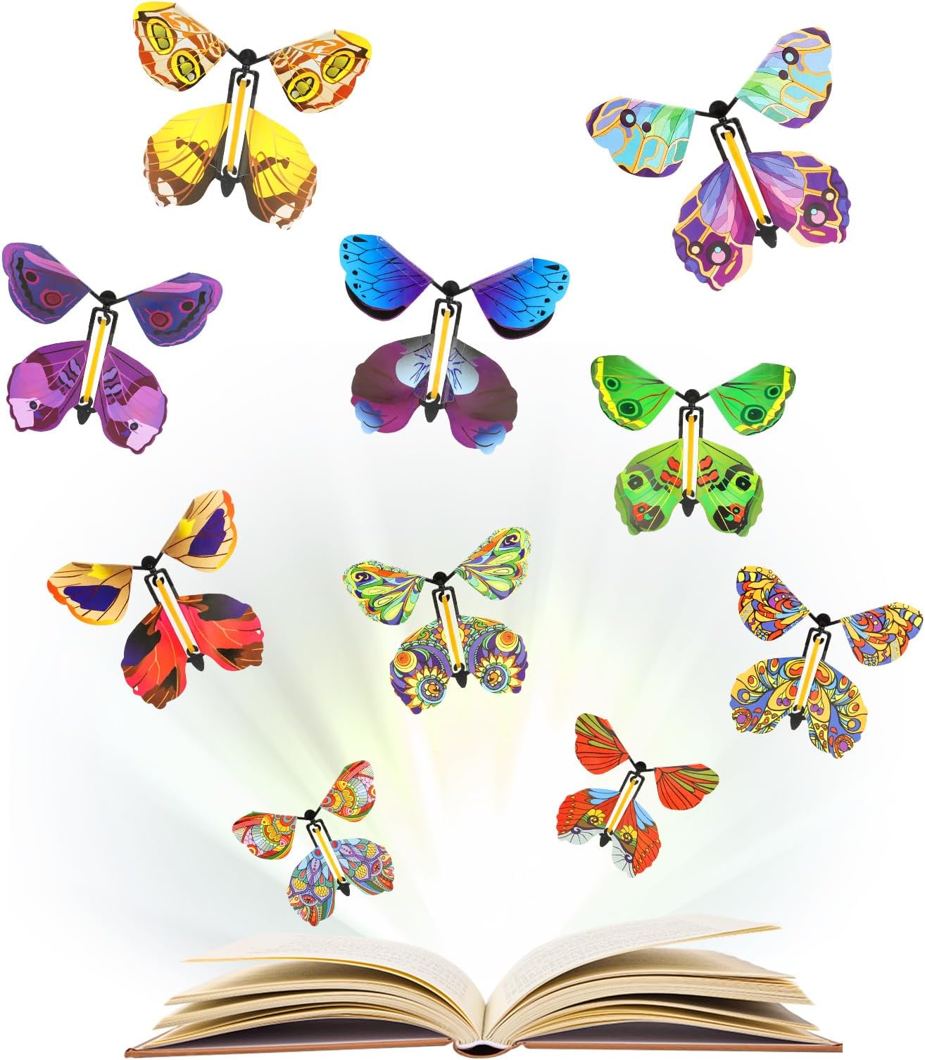 KEWUZYFlying Butterflies Magical, 10 Pieces Flying Butterfly Toy, 10 Styles Colour with Elastic Band, Children's Toy Butterfly Card for Wedding, Valentine's Day, Christmas Decoration