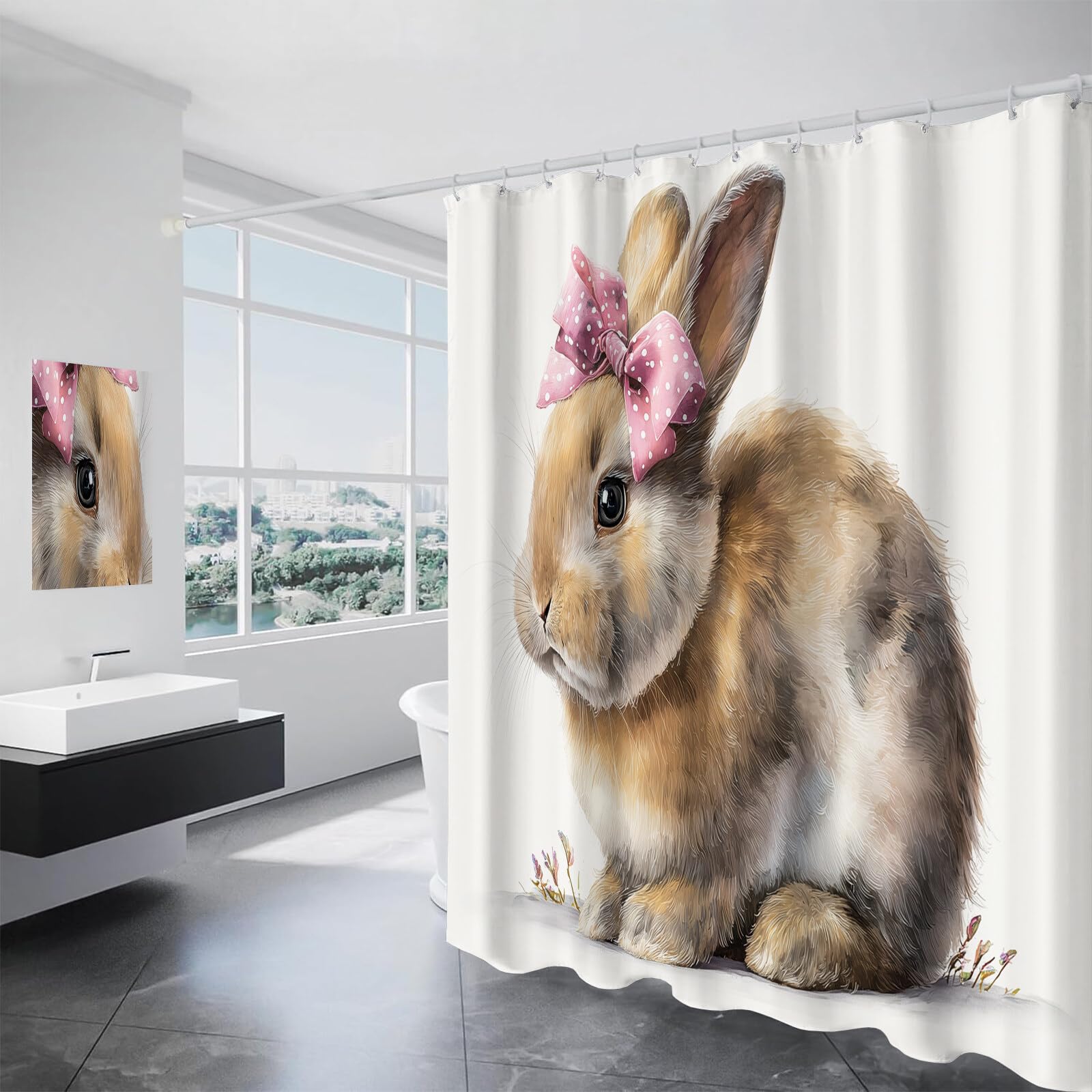 Lapin À Nœud Rideau De Douche, Animaux À L'Aquarelle Material Resistente Al Agua Durable Estampa Digital, Brun