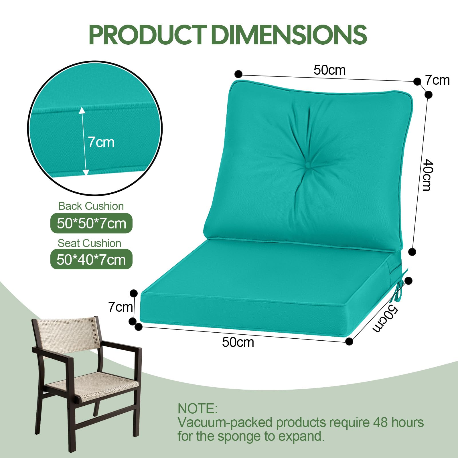 Cojín para silla de jardín al aire libre con respaldo, 7 cm de grosor, impermeable, para sofá de respaldo bajo, cojín de repuesto para muebles de jardín con lazos, 50 x 50 cm, azul