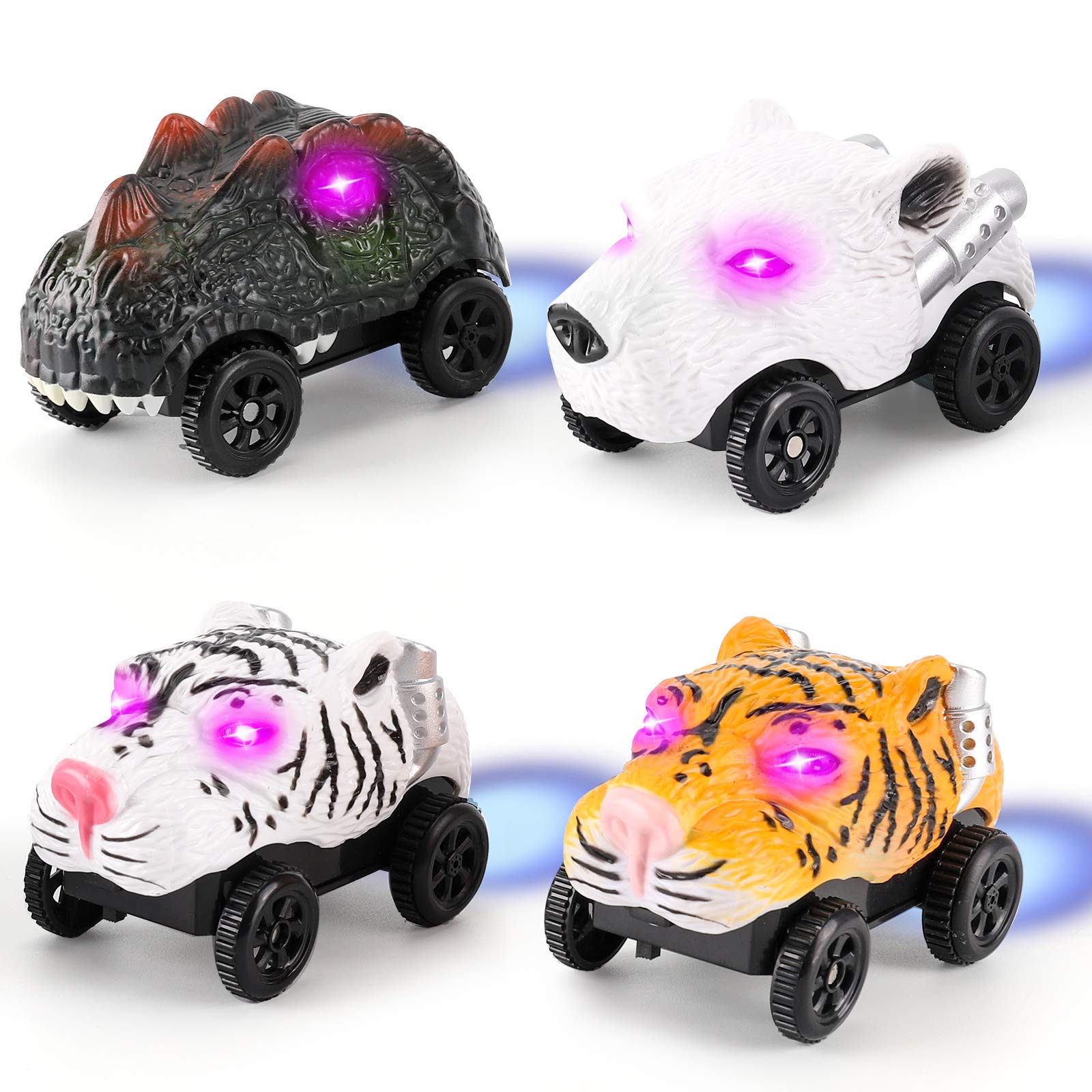 RaceTracks Cars Replacement Only,4 Pack Race Cars Track Accessories with 3 Flashing LED Compatible Most Tracks ,Light Up Toy Cars for Flex Bend Glow Tracks Shinning in The Dark,Best Gifts for Kids cage