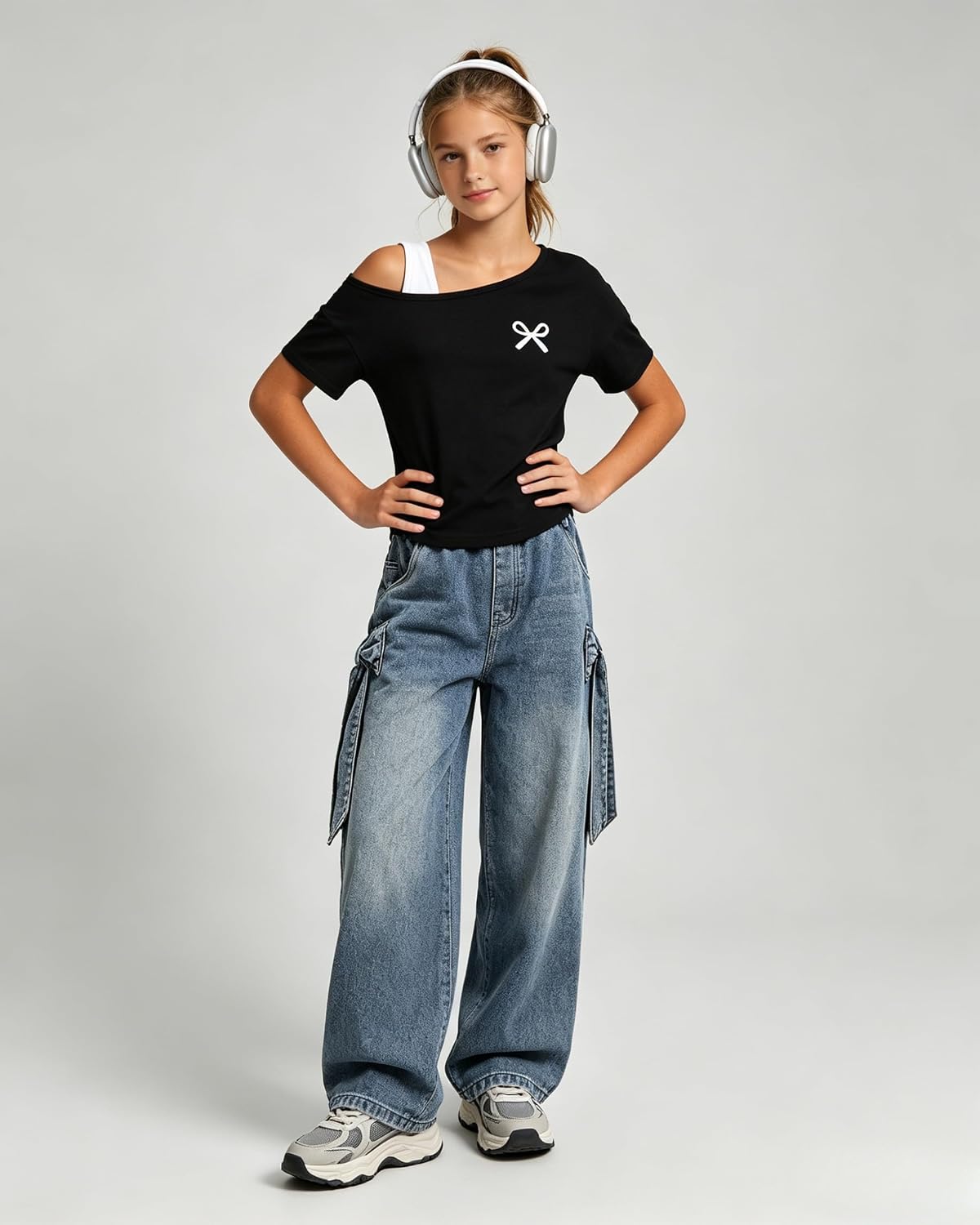 Teen Girl Clothes One Shoulder Top and Wide Leg Stretch Jeans 2 Piece Casual Outfits Size 7-16