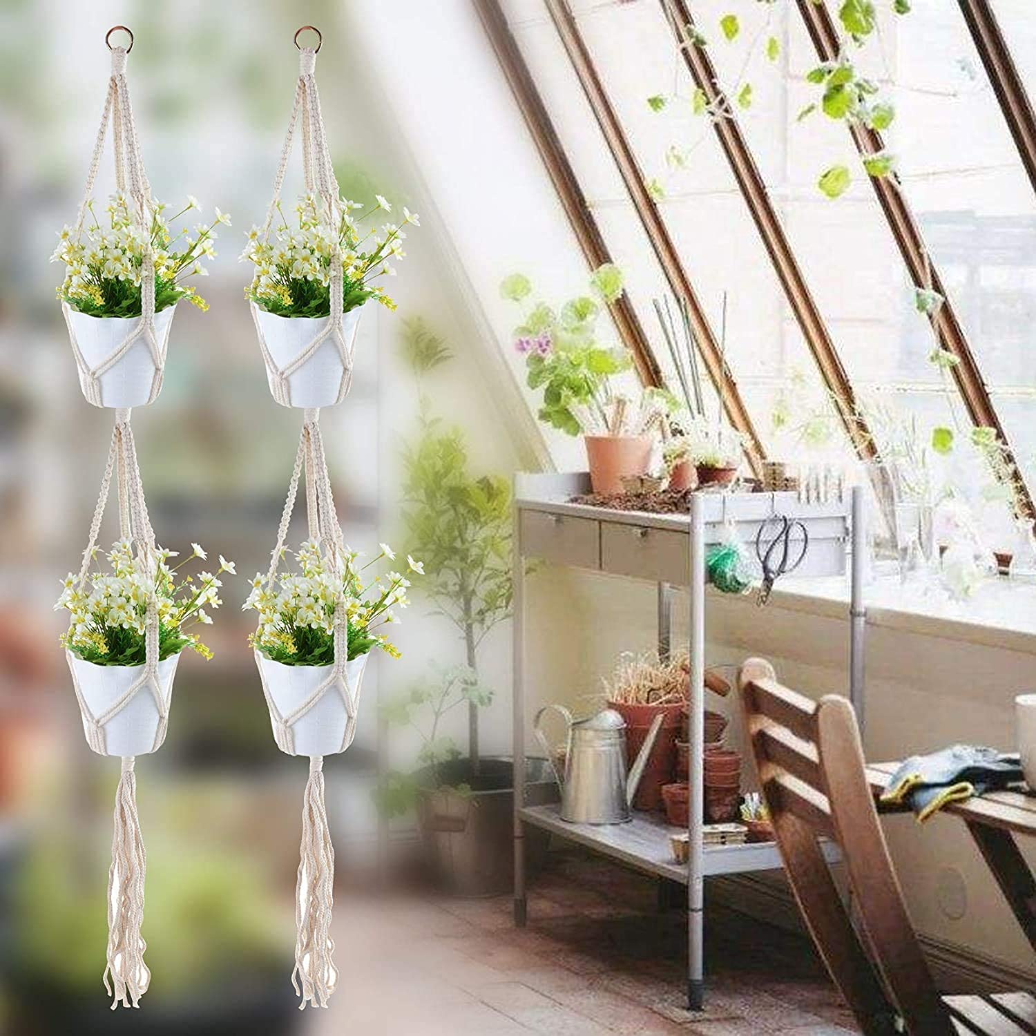 Lot de 3 suspensions en macramé pour Plantes - pour intérieur et extérieur - Blanc - Style BCD - 99,3 cm, 94,3 cm, 140,2 cm