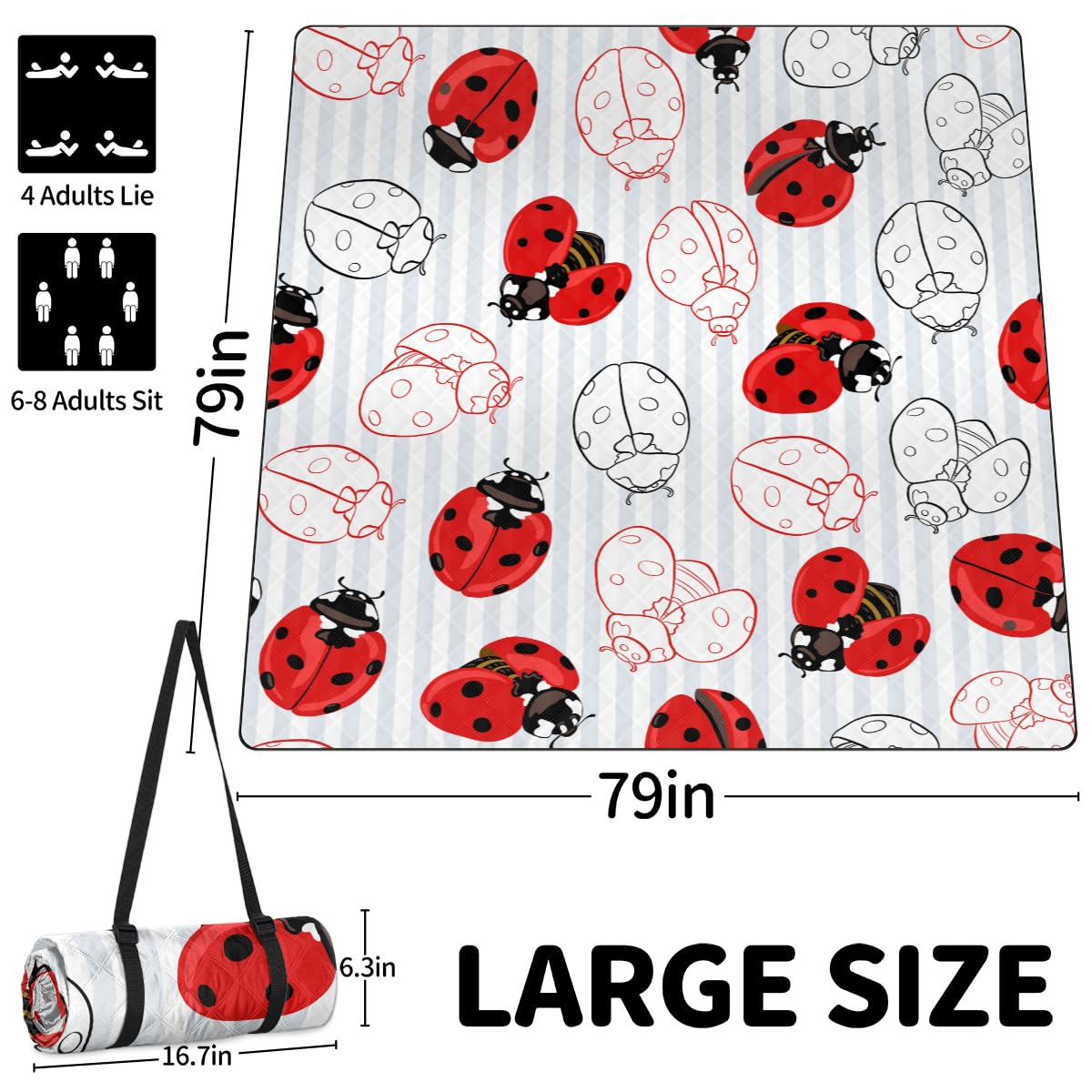 Shimoshe Extra Large Picnic Blankets 79”x 79”, Colorful Ladybugs Waterproof Foldable Picnic Mat with Straps Portable Beach Blanket for Camping Park Grass Beach Indoor