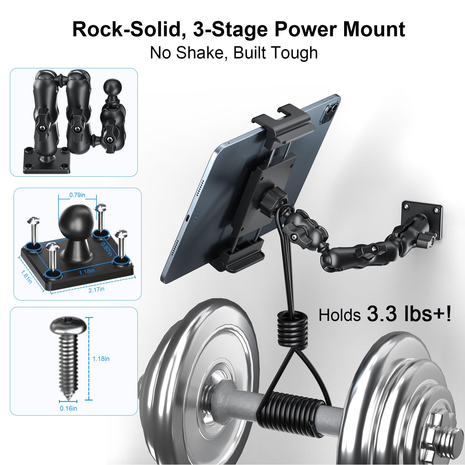 PLDHPRO Supporto da parete per tablet iPad regolabile e girevole 360° a 3 stadi 5,1"-15,6"