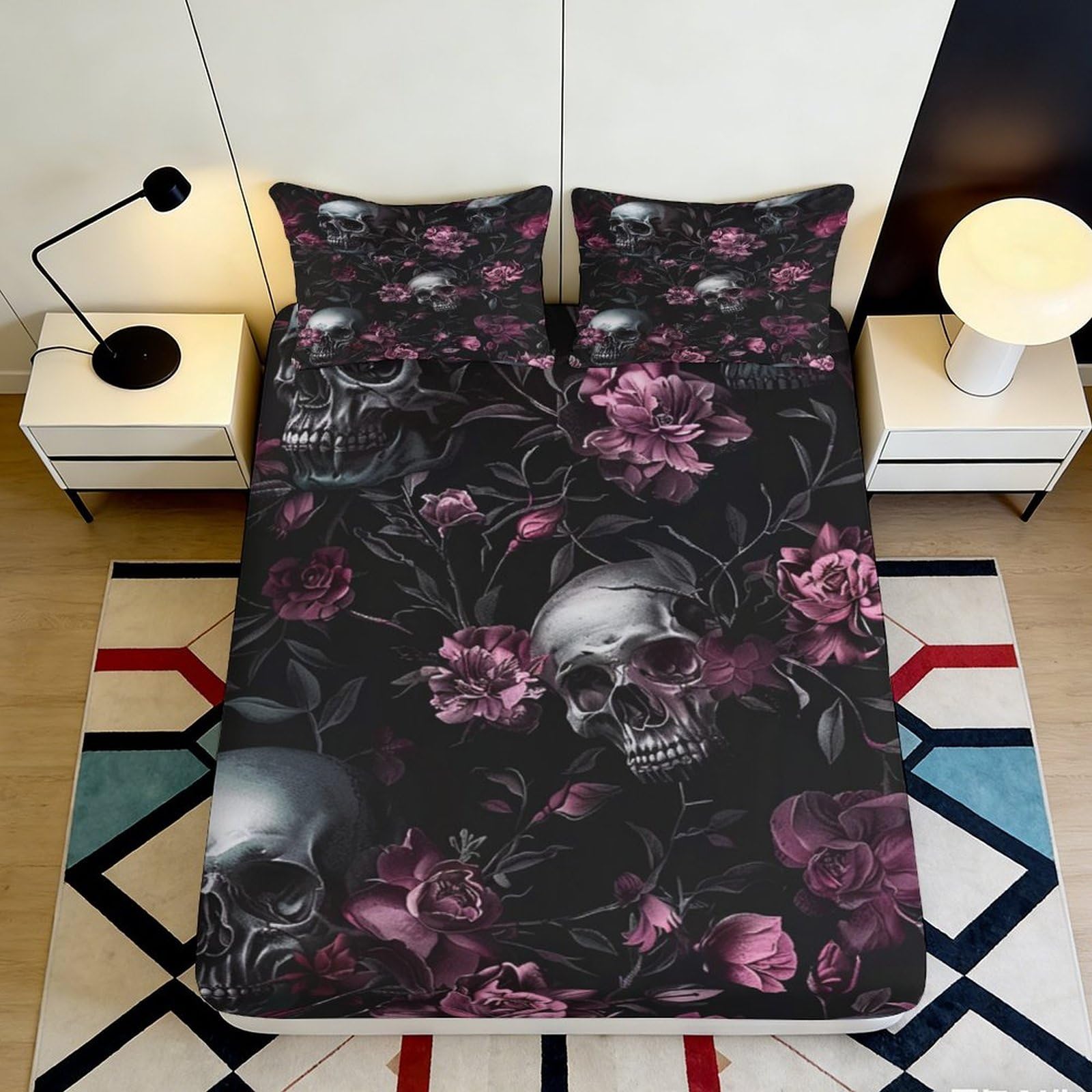3D Printed Skull Floral Fitted Sheet Microfiber Soft Black Rose Mattress Cover for Bedroom Guest Room Decor 90x200x25cm