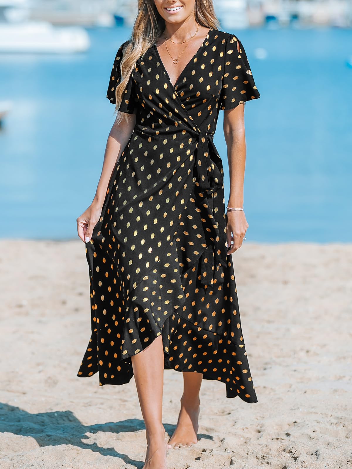 CUPSHE - Vestido largo cruzado de verano para mujer, informal, manga acampanada, cuello en V, con lazo en la cintura y volantes
