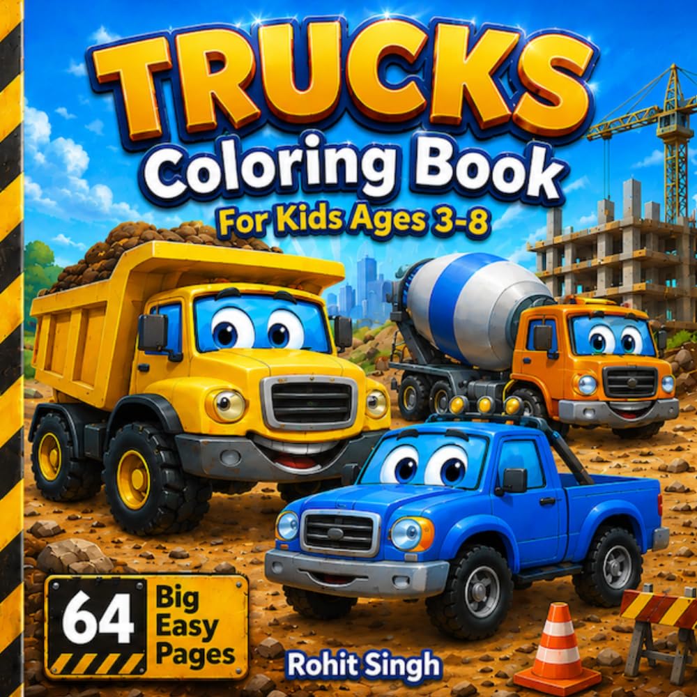 Trucks Coloring Book for Kids Ages 3-8: 64 big easy pages