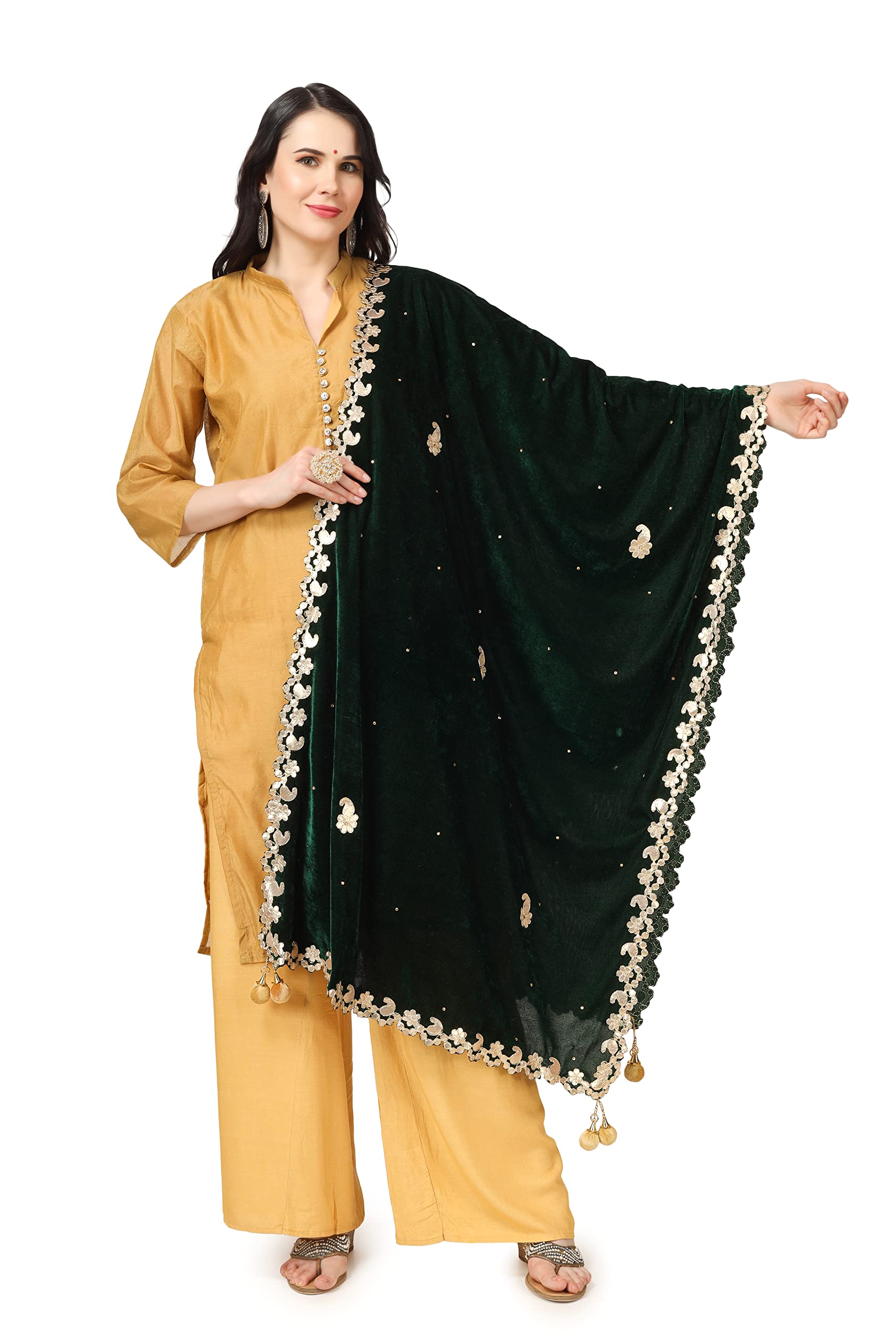 a r silk Women's Green Stone work & Four side Gotta Patti Work With Latcan Velvet Fancy Dupatta(ARS0749)-picture-11