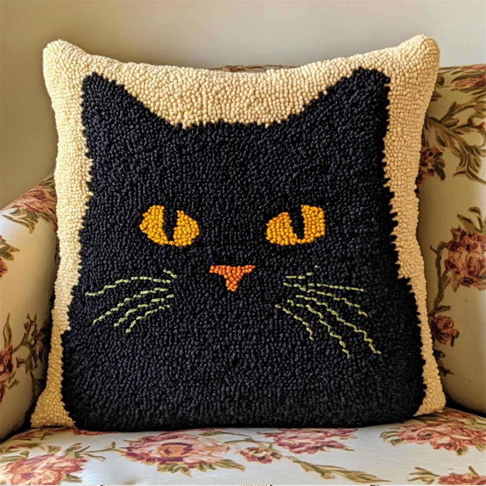 Rqwybcaxn 3D Pillow Latch Hook Embroidery Kits Black Cat DIY Pillow Materials Package Crocheting Rug Yarn Cushion Embroidery Set Fit for Beginners Embroidery Kit Pillowcase Cushion 17X17Inch