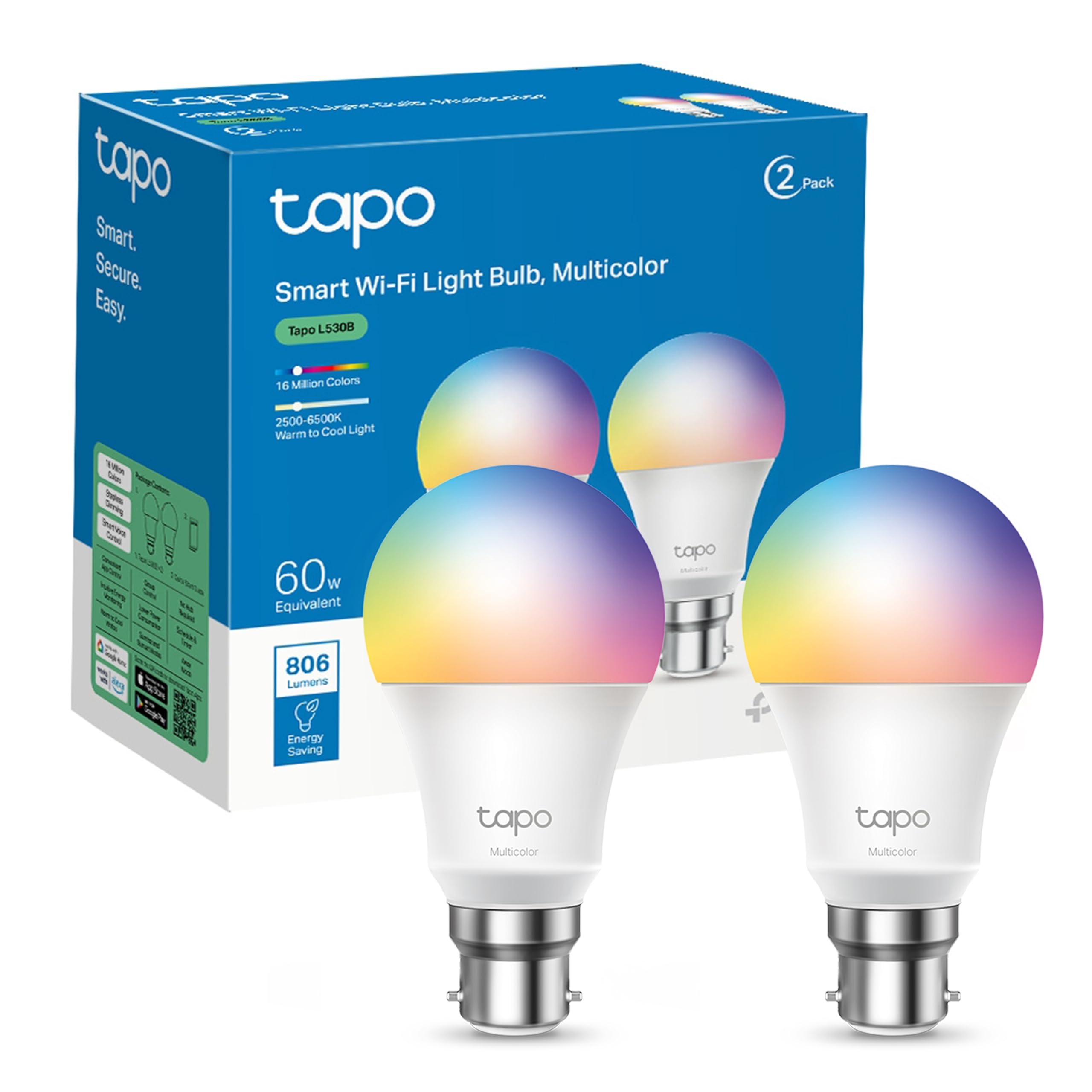 Tapo L530B Pack of 2 Smart Bulb, Wi-Fi LED Light, B22, 8.7W, Compatible with Alexa(Echo and Echo Dot) and Google Home, Colour-Changeable, No Hub Required [Energy Class A+], Multi, Standard-image-35