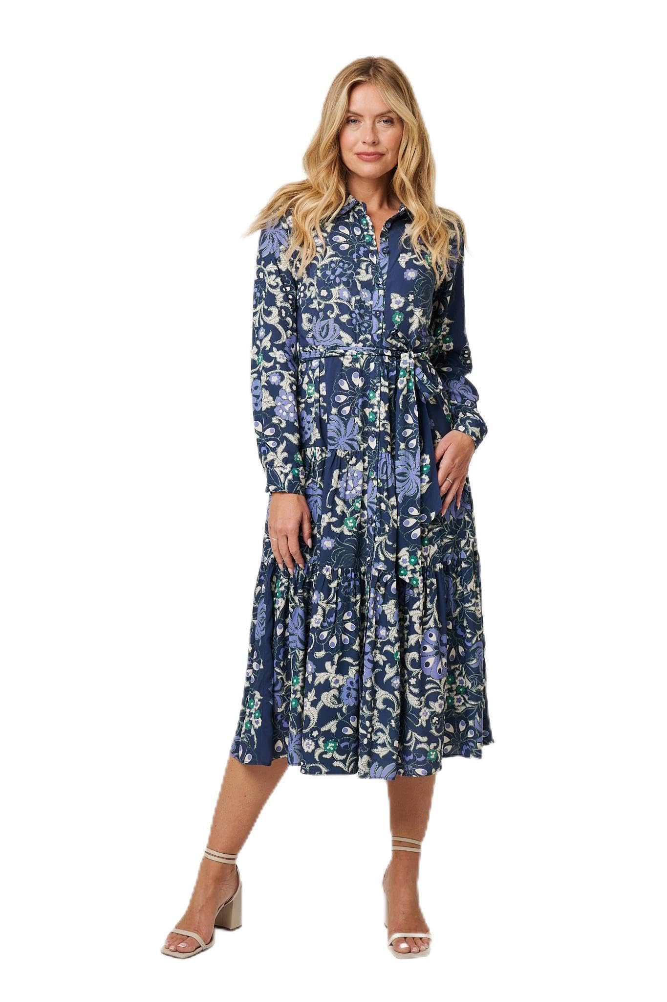 Izabel London Floral Tie Waist Tiered Midi Dress - 12 - Navy