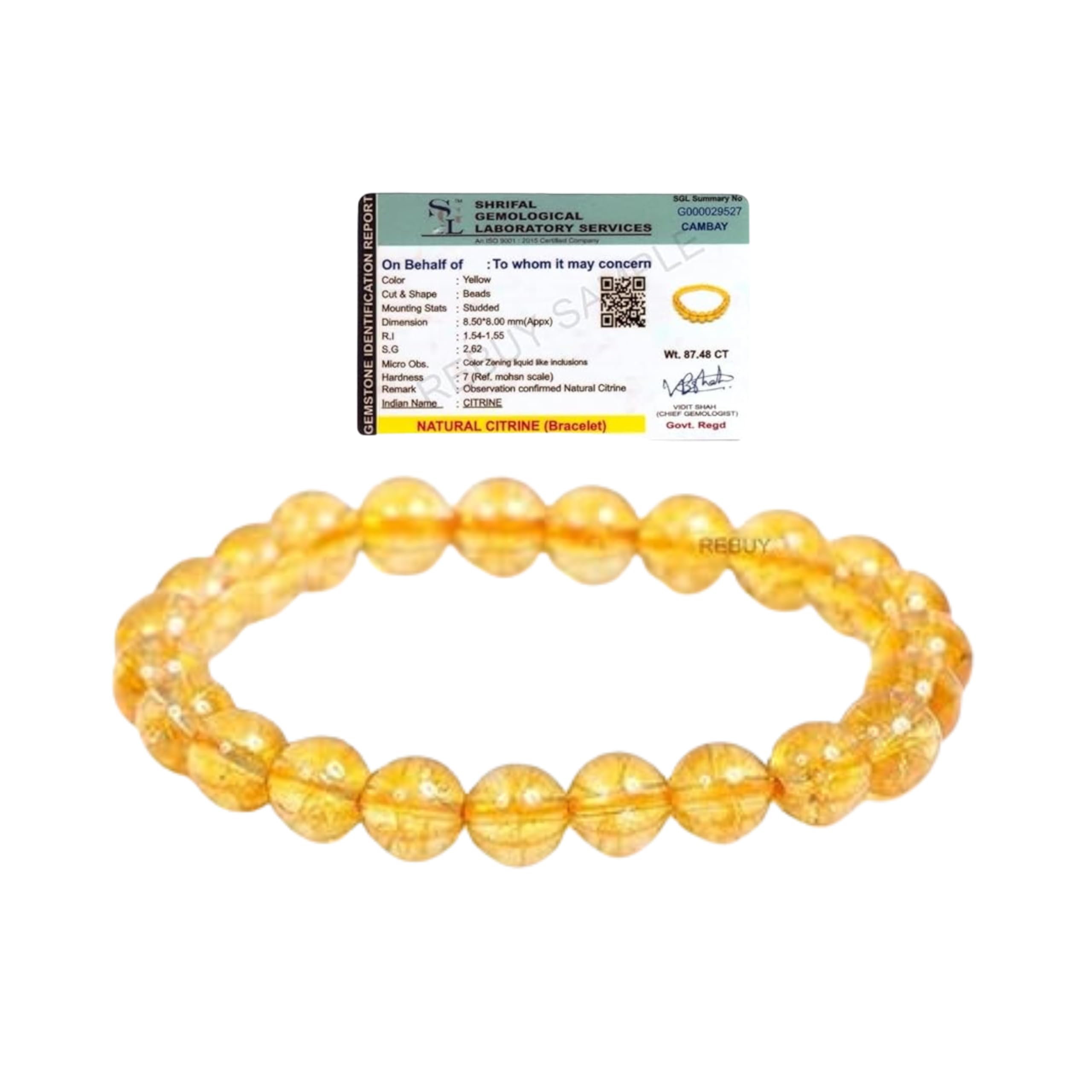 REBUY Natural Citrine Bracelet Crystal Gemstone for Men & Women | Bead Size 8 MM