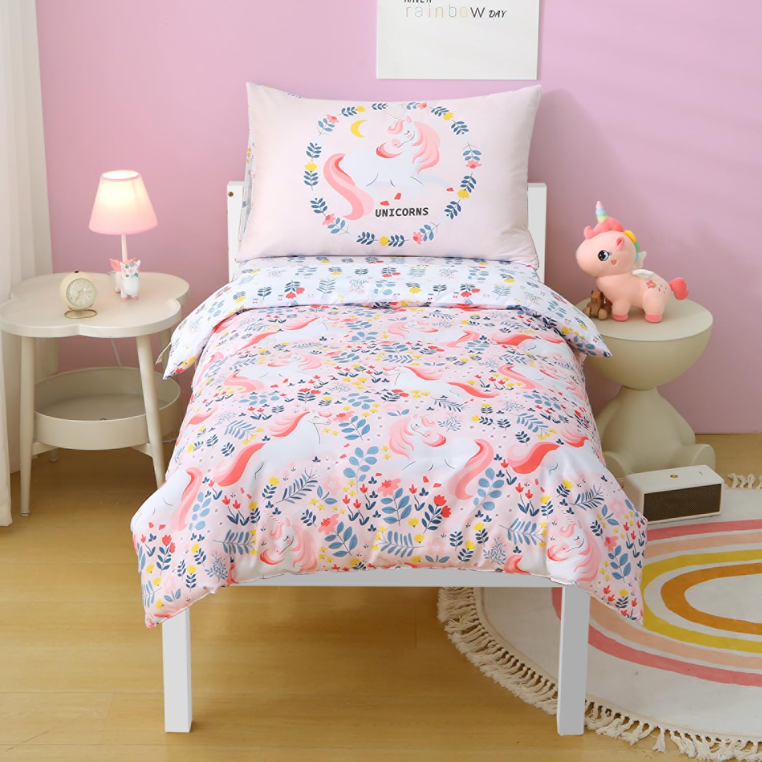 JQWUPUP Pink Unicorns Flower Cot Bed Duvet Cover Set 120 x 150cm for Girls, Reversible Princes Microfibre Toddler Bedding Set with Zipper