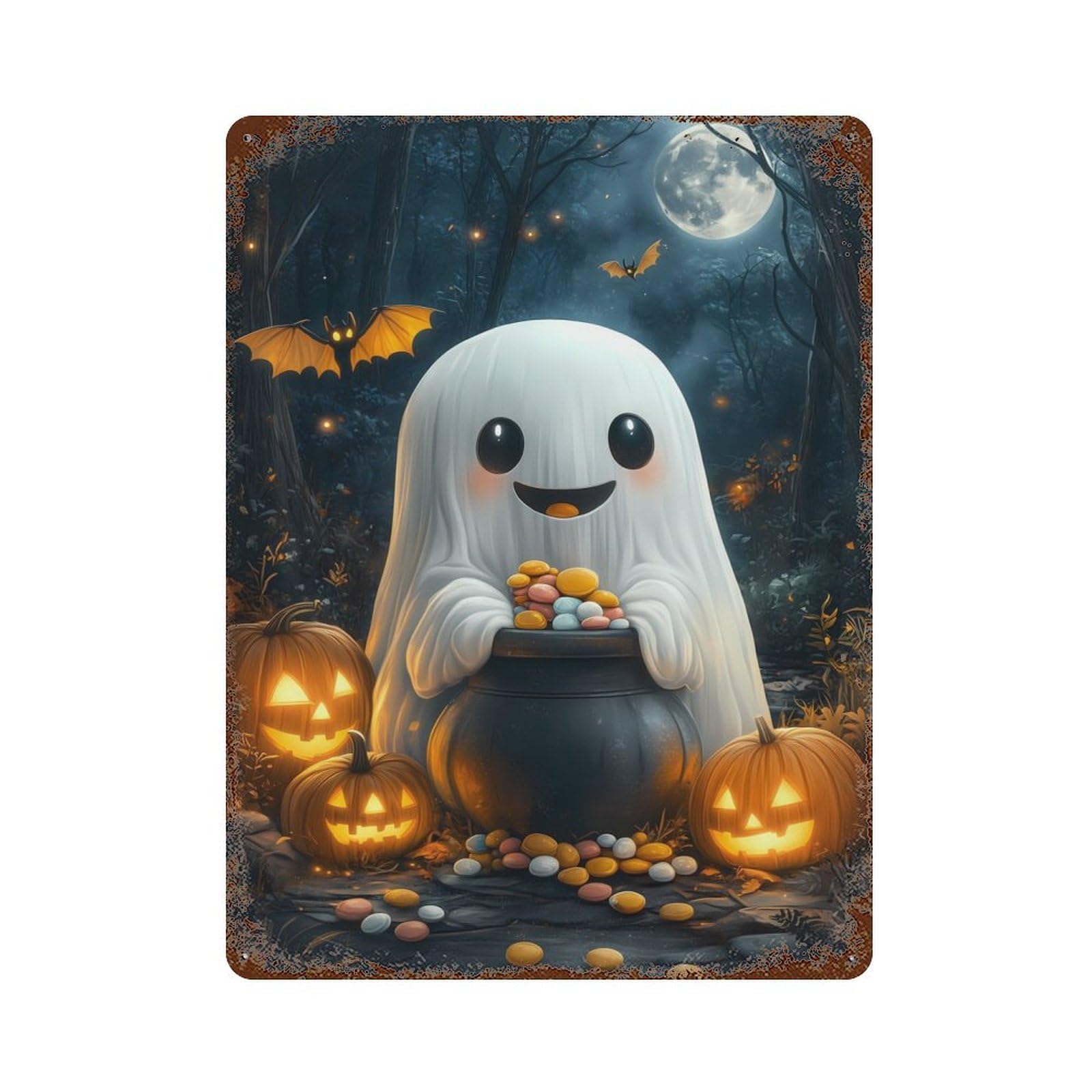Cute Halloween Ghost Aged Metal Wall Plaque 15.7"x11.8", Industrial Home Decor for Pub, Kitchen And Man Cave Decor