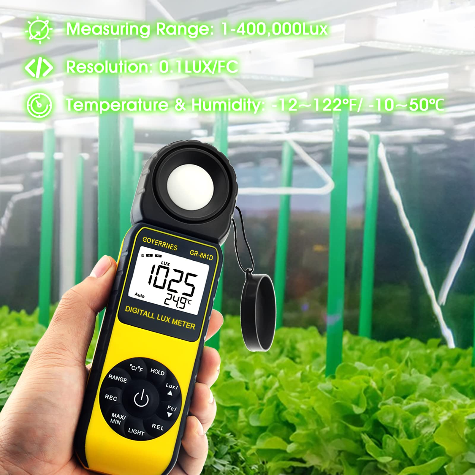 Misuratore di luce Misuratore di illuminamento digitale 0~400.000 Lux Fotometro di illuminazione GR-881D Misuratore di Lux portatile con misurazione della luminosità dell'intensità della temperatura.