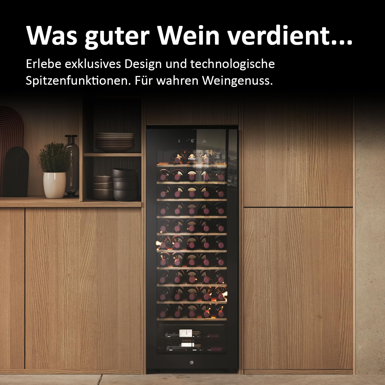 Haier Weinkühlschrank 50 SERIE 3 HWS58GGH1 Weinklimaschrank 58 Flaschen Wine Fridge UV-Glastür 10 Holzregale Wi-Fi Touch-Display