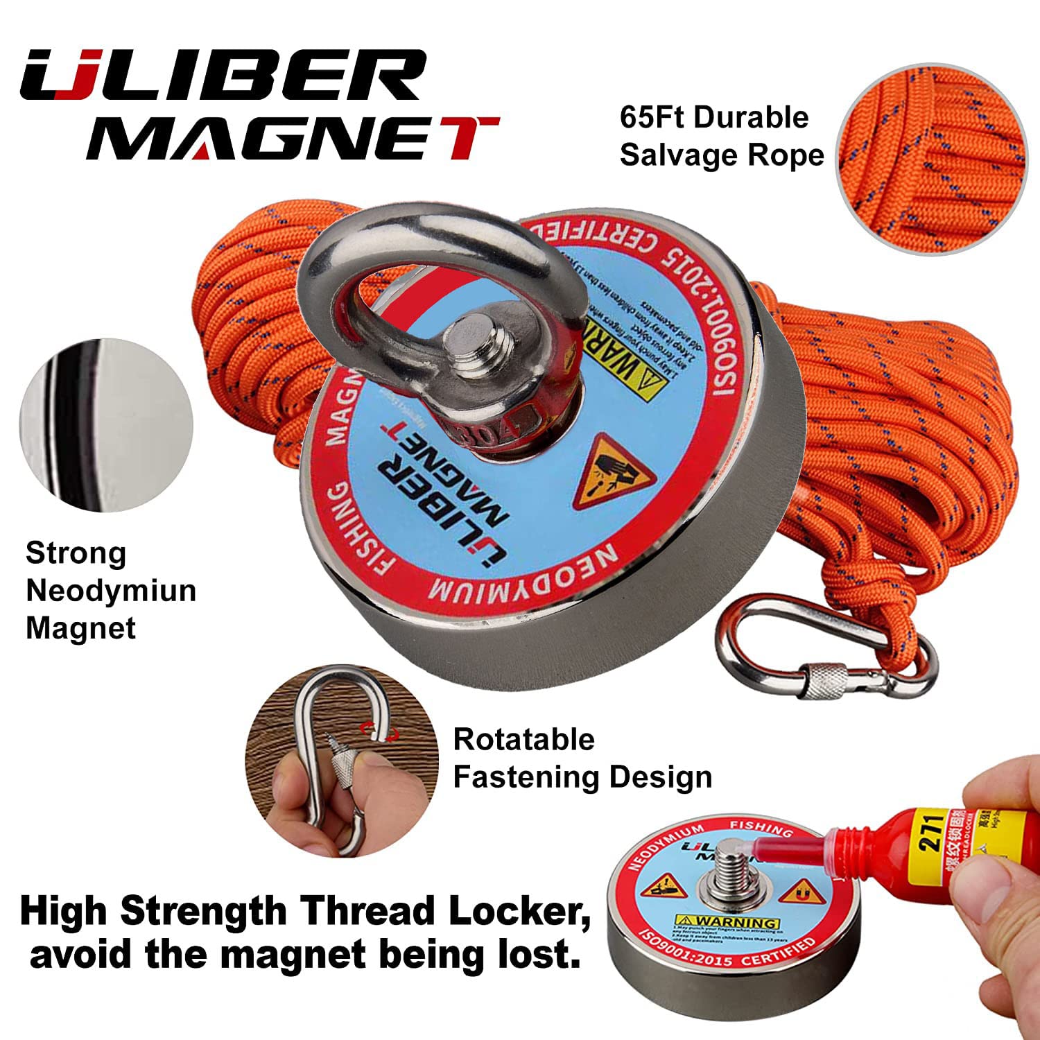 ULIBERMAG 320KG N52 - Set di magneti da pesca al neodimio con corda, guanti, per la pesca magnetica e la caccia al tesoro sott'acqua