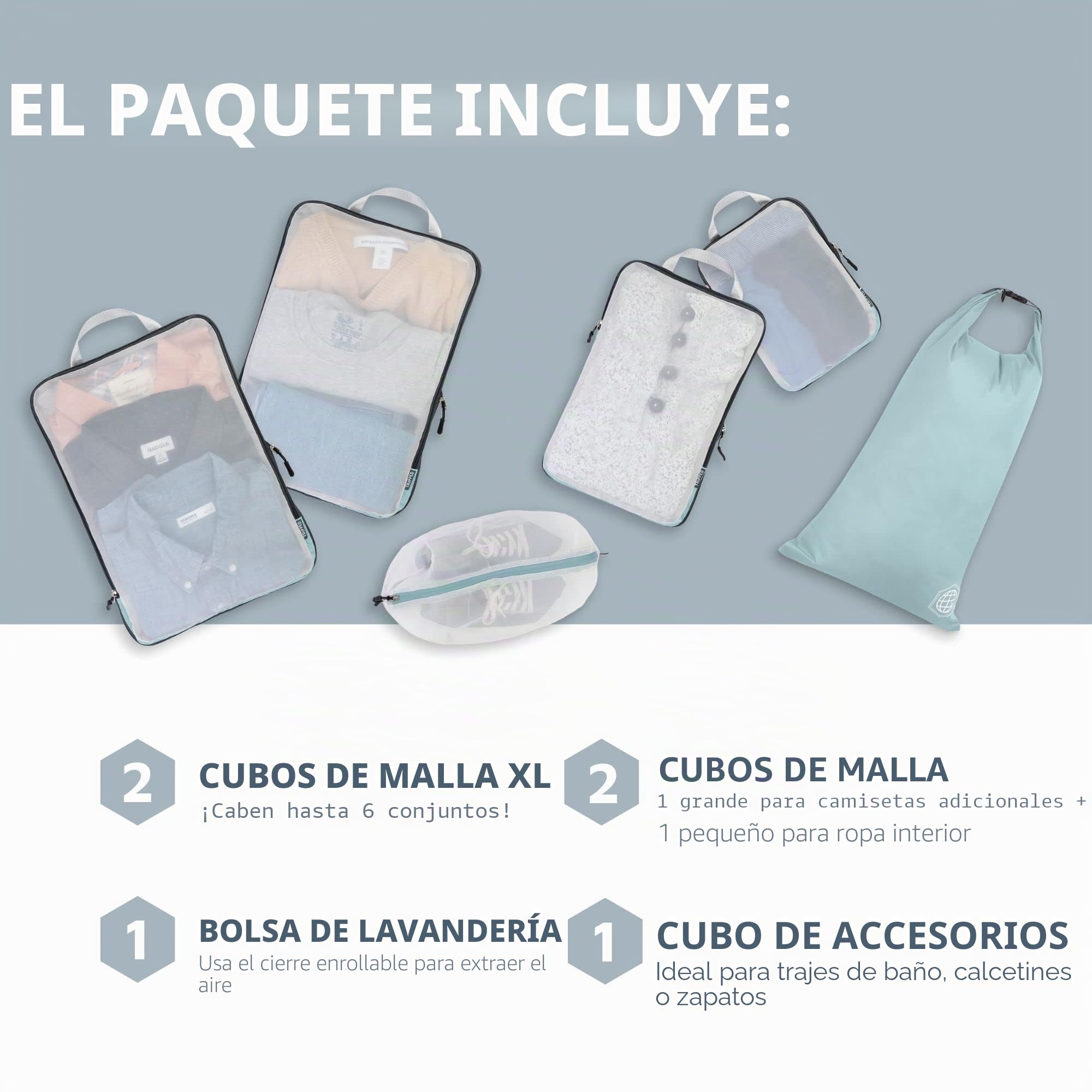 TRIPPED Travel Gear Organizadores para maleta, embalaje, grandes, con malla transparente, organizadores de viaje, compresión, turquesa polvoriento