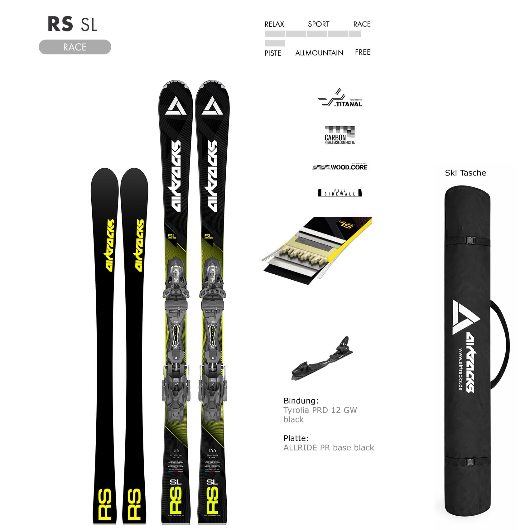 Airtracks Master Pro RS SL Slalom Ski Rennski Racecarver mit Bindung Tyrolia PRW 12 GW - Längen 155cm, 165cm - Modell 2025 + Ski Tasche