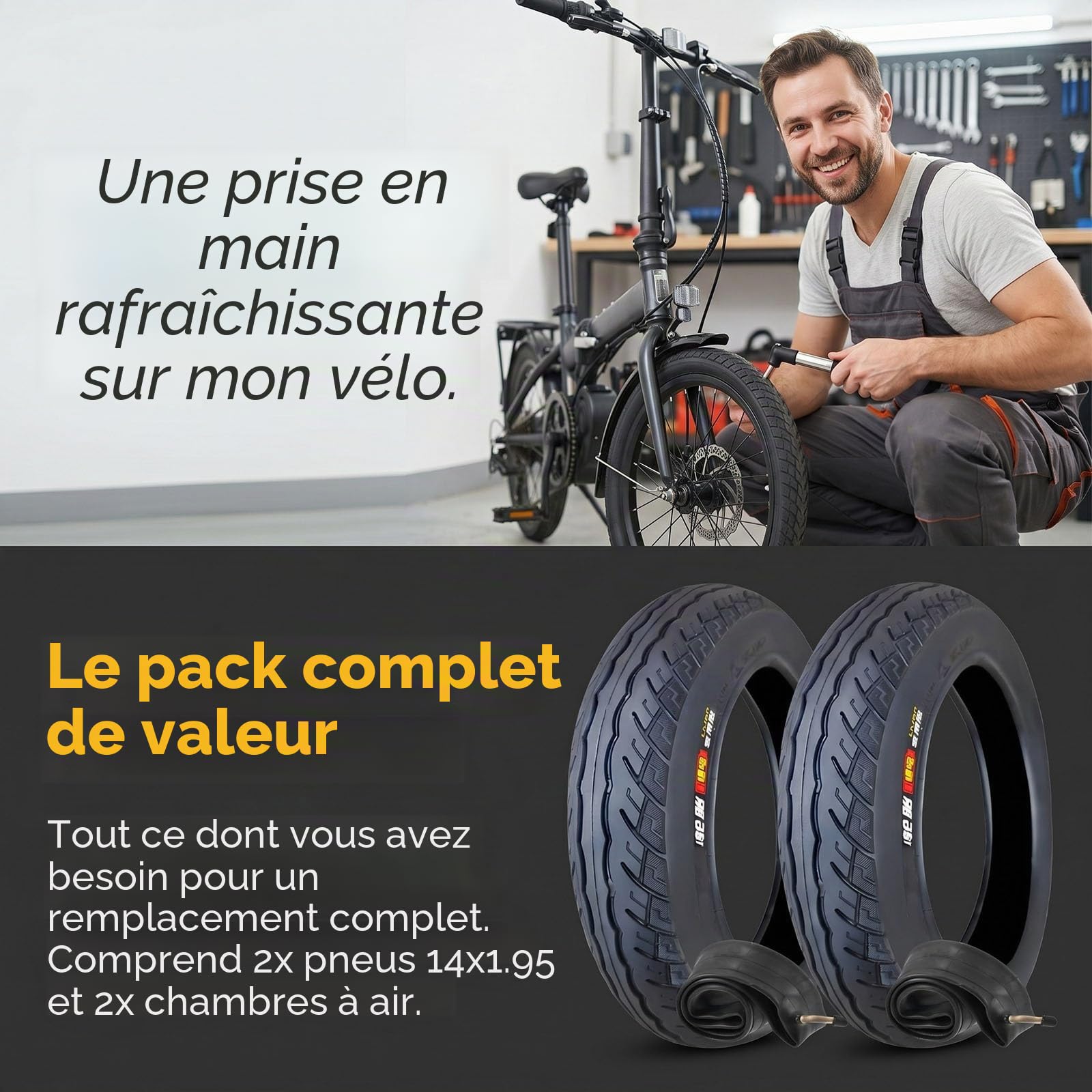 2pcs 14x1.95 Pneu pour Vélo Électrique | 14 1.95 Pneus Antidérapants Résistants aux Crevaisons avec Chambre à Air | Pour Vélos Pliants