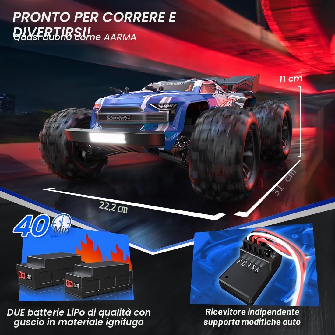 DEERC H16E Camion RC da Corsa senza spazzole, Max 70 km/h, Auto RC Veloci per Hobby 1:16 4X4 RTR per Adulti e Ragazzi, Monster Truck RC per Tutti i Terreni, Regalo per Veicoli Elettrici Fuoristrada