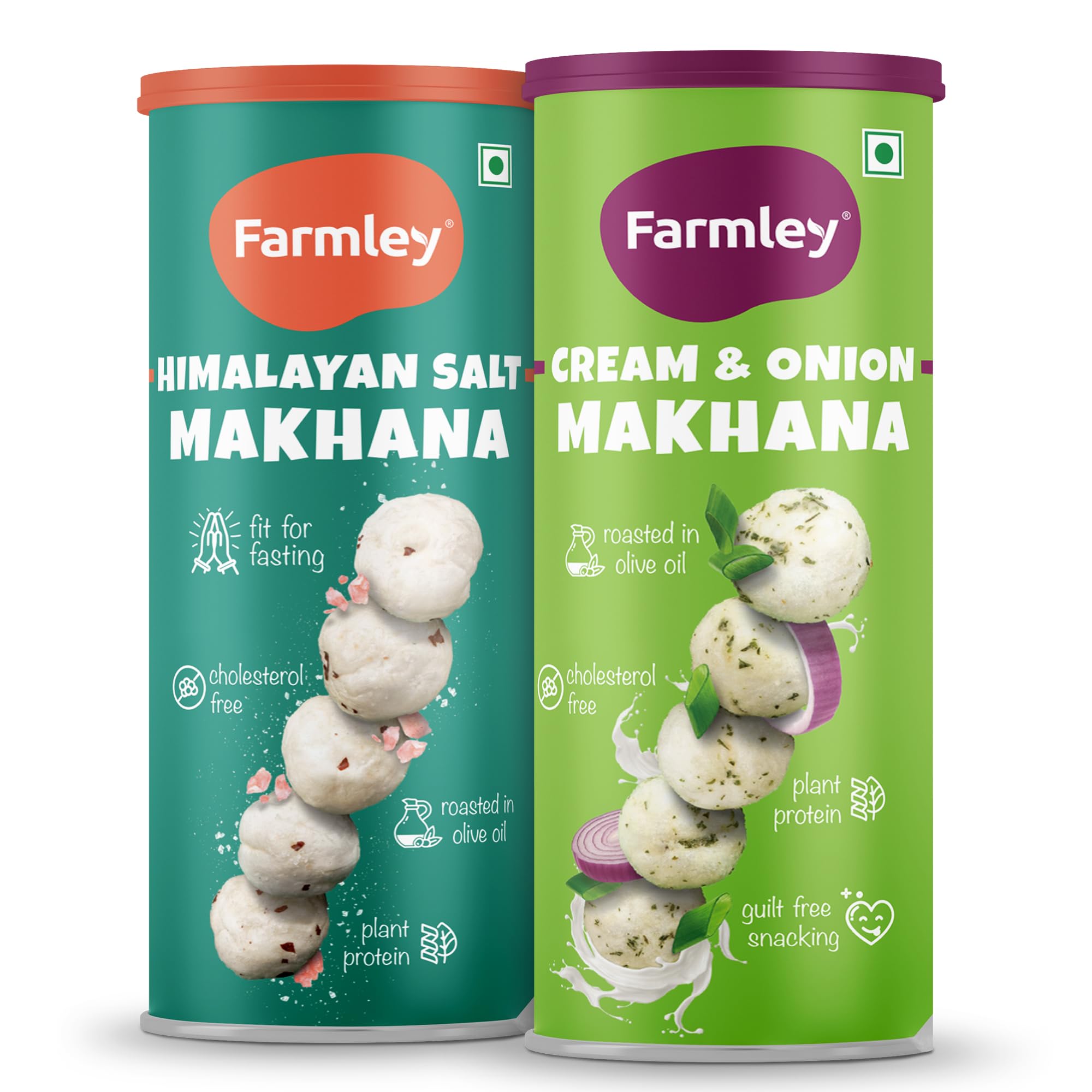 Farmley Roasted Makhana, Himalayan Salted & Cream & Onion Flavour I 77g Each I Healthy Snack Roasted in Olive Oil | Guilt-Free & Crunchy Munchies | Pack of 2