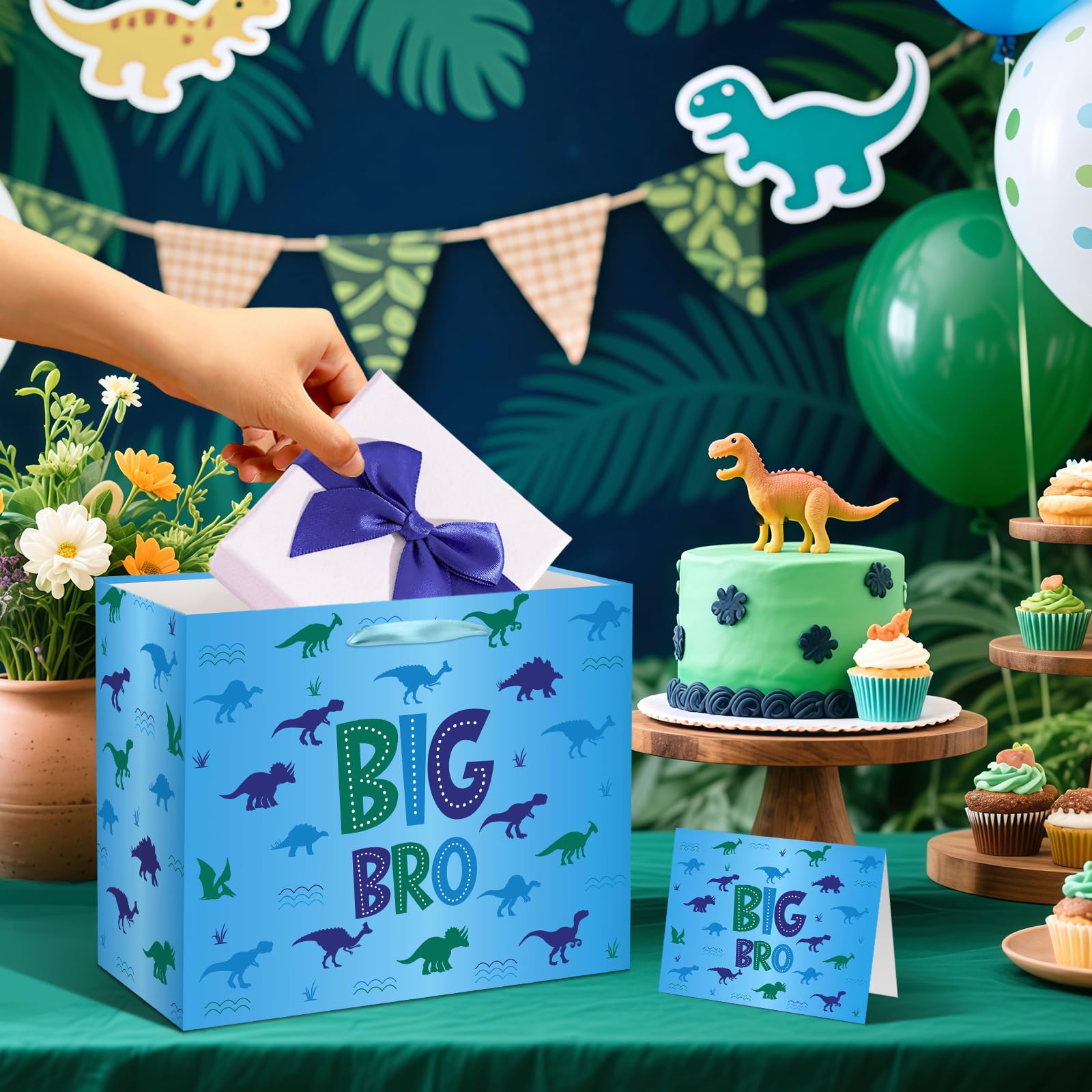 Big Brother Gift Bag for Boys, Cute Big Bro Gift Bag with Tissue Paper and Greeting Card Blue Wrapping Paper Cartoon Dinosaur New Brother Party Decoration for Little Boy Birthday Party Supplies