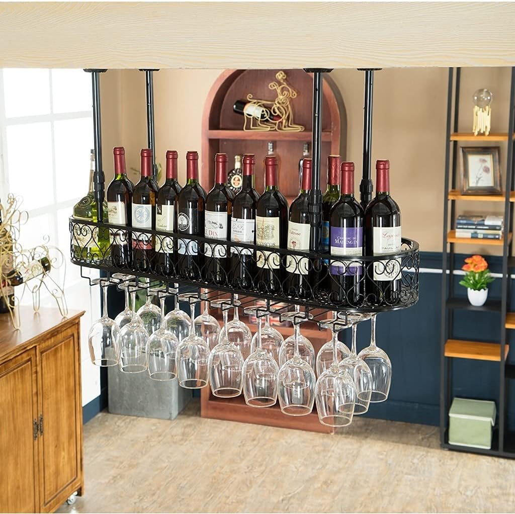 Vintage Wrought Iron Free Standing Wine Rack - Adjustable Height Double Layer Bottle Holder, Loft Style Wine Storage & Goblet Organizer for Home Décor, Rustic Tabletop Display.