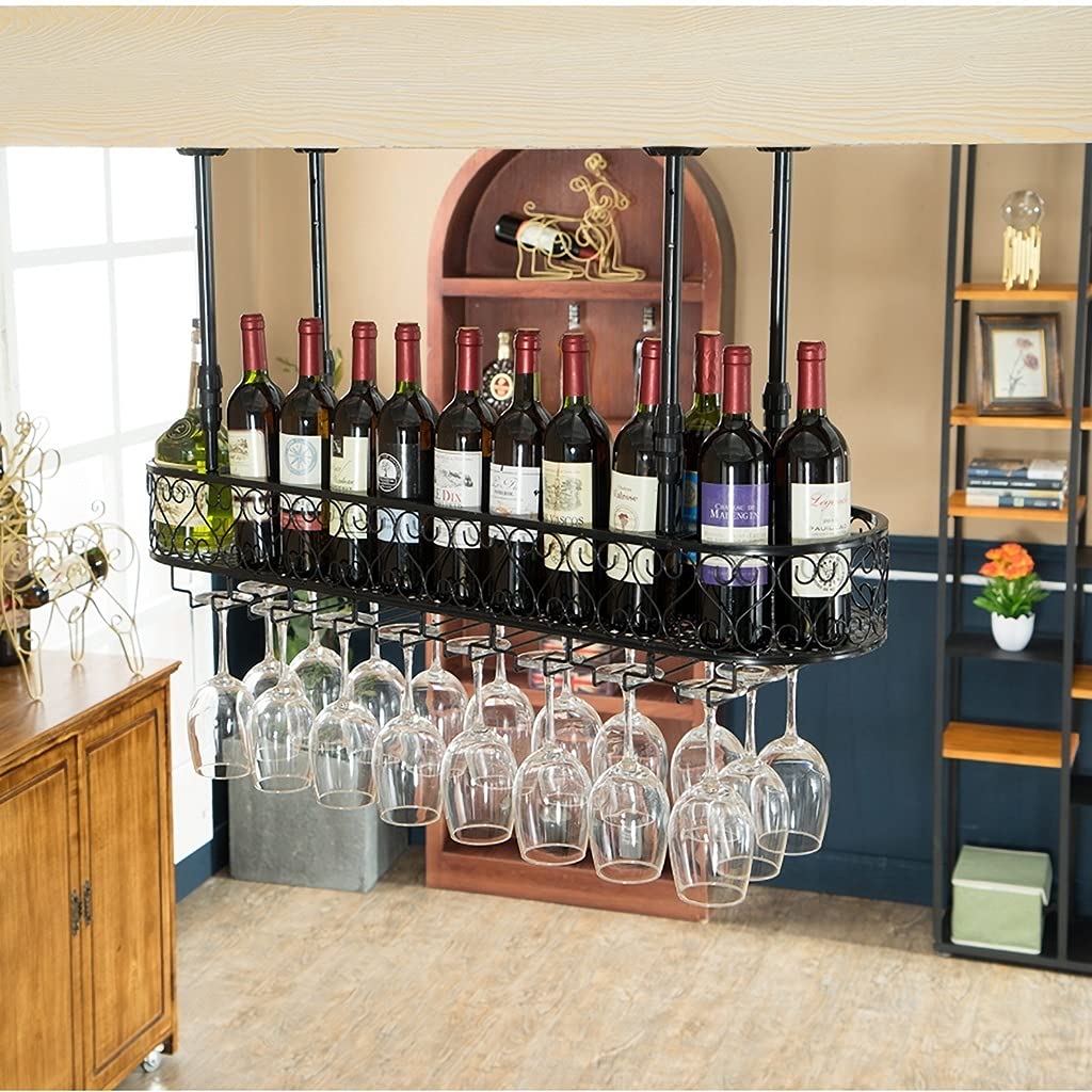 Casier à bouteilles de vin suspendu industriel et porte-verre vintage