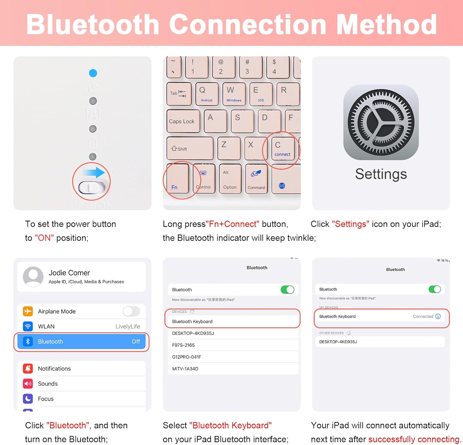 LAMA Wireless Keyboard Case with Touchpad for iPad 10.2" 9th 8th 7th Generation, Detachable Bluetooth Keyboard with Pencil Holder for iPad 10.2 Inch/iPad Air 10.5"(3rd Gen)/iPad Pro 10.5 in, Pink
