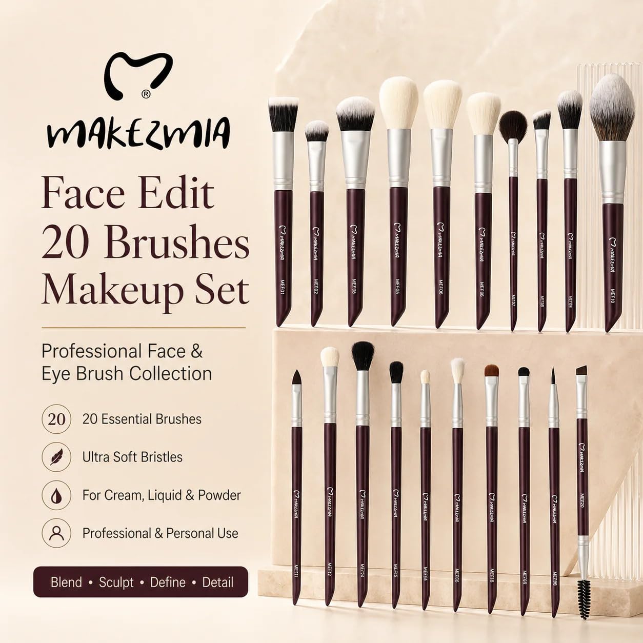 Makezmia Face Edit - Set di 20 pennelli per fondotinta, correttore, illuminante e sfumatura, pennelli da donna, set di pennelli per truccatori