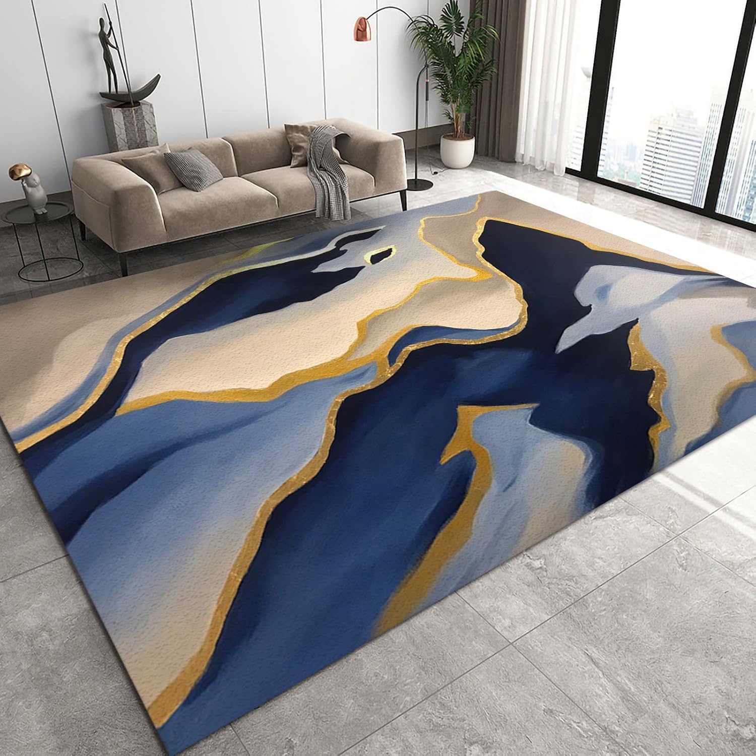 Grand tapis de couloir moderne aspect marbre pour une chambre élégante