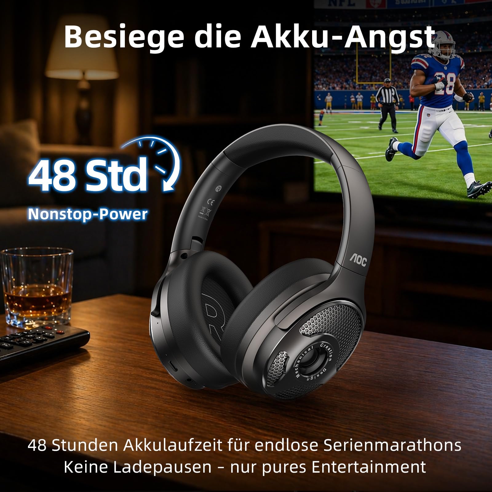 AOC Funkkopfhörer für Fernseher, Wireless TV Headphones mit 48 Std Akkulaufzeit, Keine Audioverzögerung, Blutooth-Kopfhörer, Plug-und-Play, Kabellose TV-Kopfhörer mit TV-Sender für Senioren, Schwarz