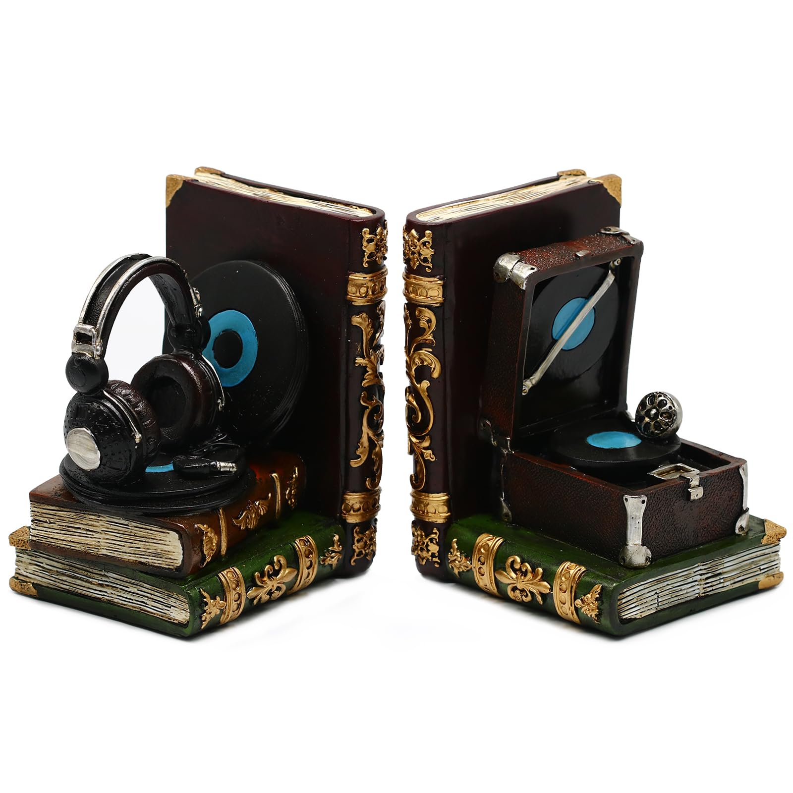 Vintage Bookends, Decorative Book Ends, Headphone and Phonograph Bookend, Heavy Duty Book Stoppers for Shelves, Gift for Music Lovers