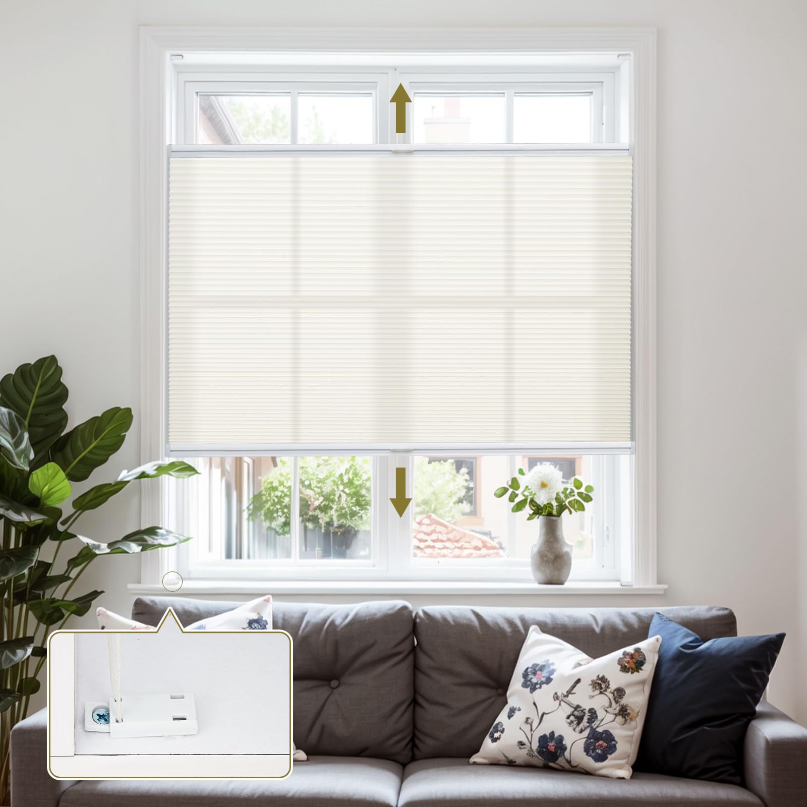 Moonice Cordless Honeycomb Pleated Blinds Light Filtering Top Down Bottom Up Cellular Blinds Easy Fit Install Inward-Opening Window Shade Heat Insulation Shades for Home Beige, 65cm W x 120cm H
