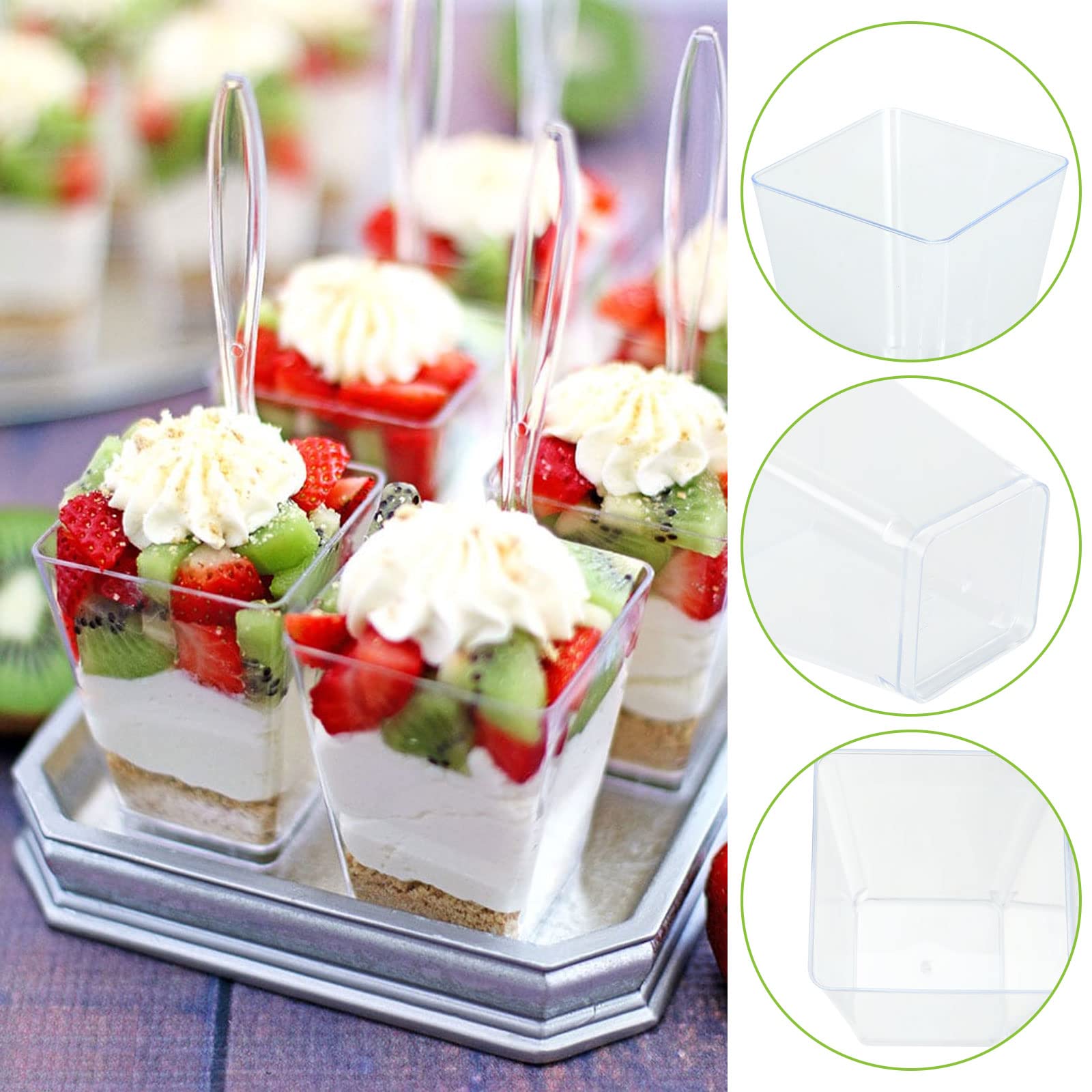 Hochzeits Deko Becher Dessertbecher Set 30 Stück – Quadratisch, 150 Ml (5 Oz), Klar, Mit Deckel & Löffeln – PET, Wiederverwendbar, Stapelbar – Für Mousse, Pudding, Eis, Party – Spülmaschinenfest