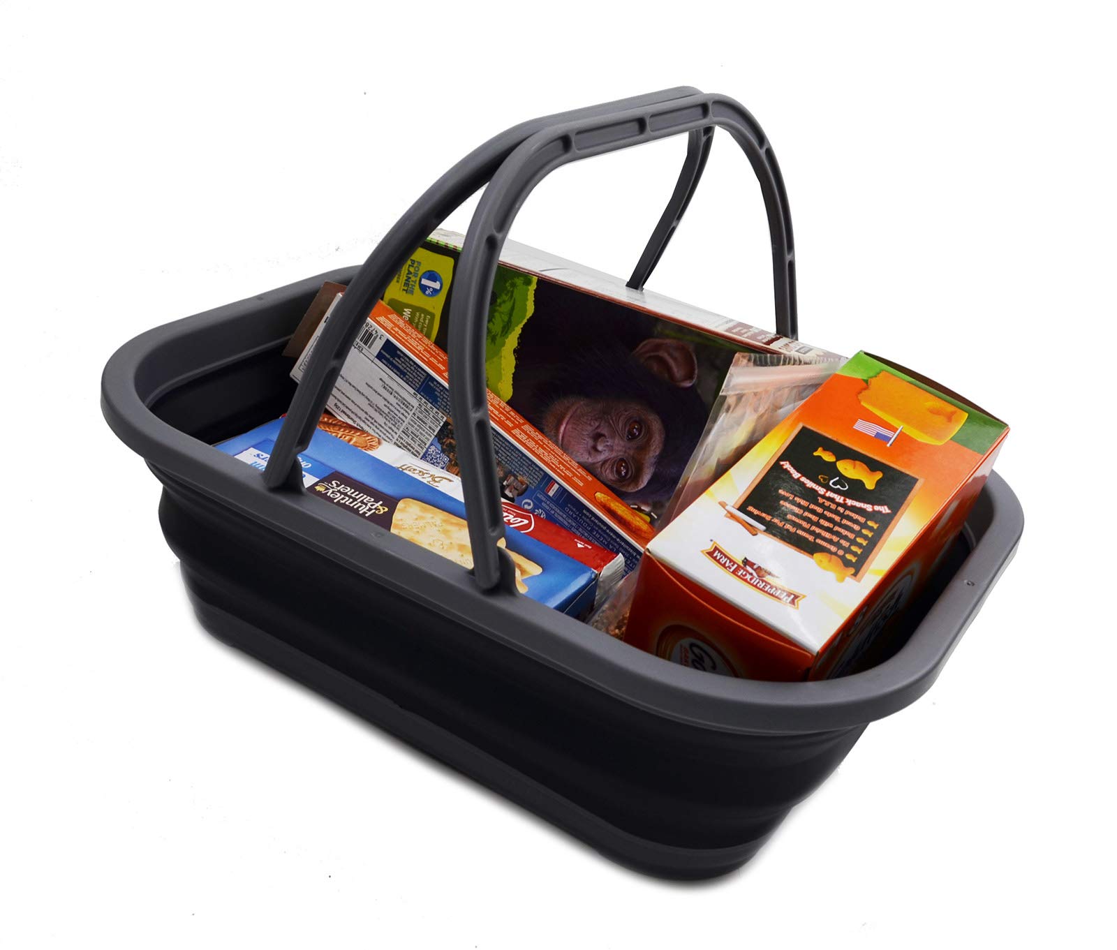 SAMMART 12L Tina plegable con asa, cesta de picnic portátil al aire libre, bolsa de la compra plegable, contenedor de almacenamiento para ahorro de espacio (2, gris/negro)