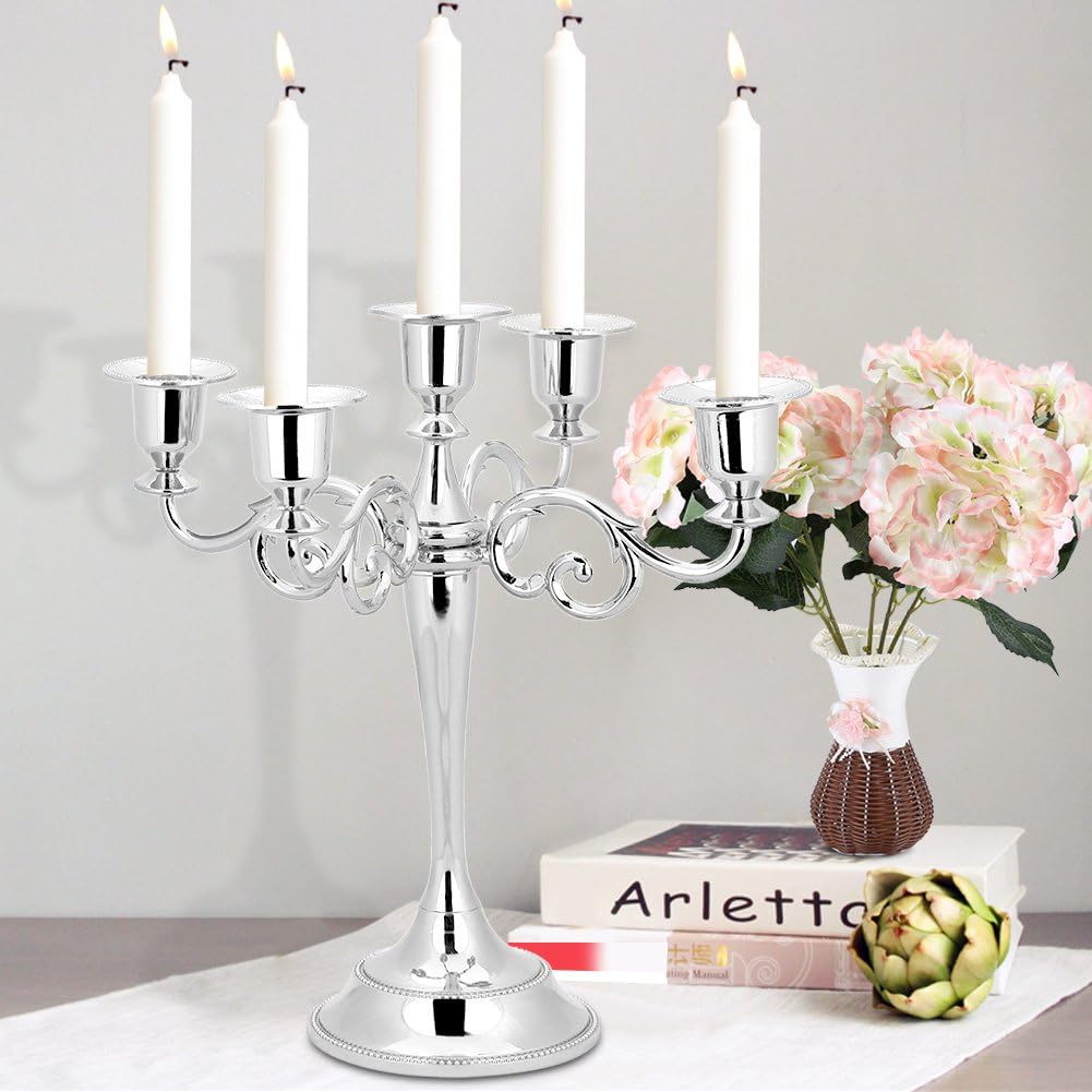 Silver Christmas Table Centrepiece, 5 Arms Christmas Candelabra