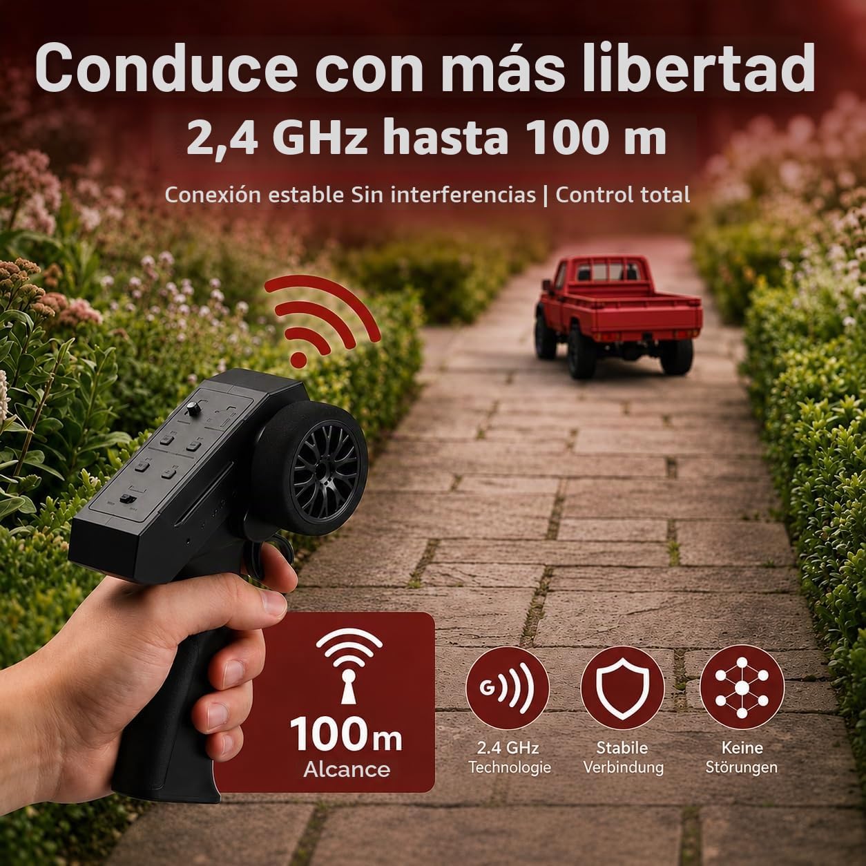 Toyota Land Cruiser | Coche RC teledirigido 1:12 | Pickup 4WD Crawler | Control 2,4 GHz 100 m | Luz LED | Batería Li-Ion 7,4 V 500 mAh 30 min | Juego completo RTR todoterreno (Rojo)