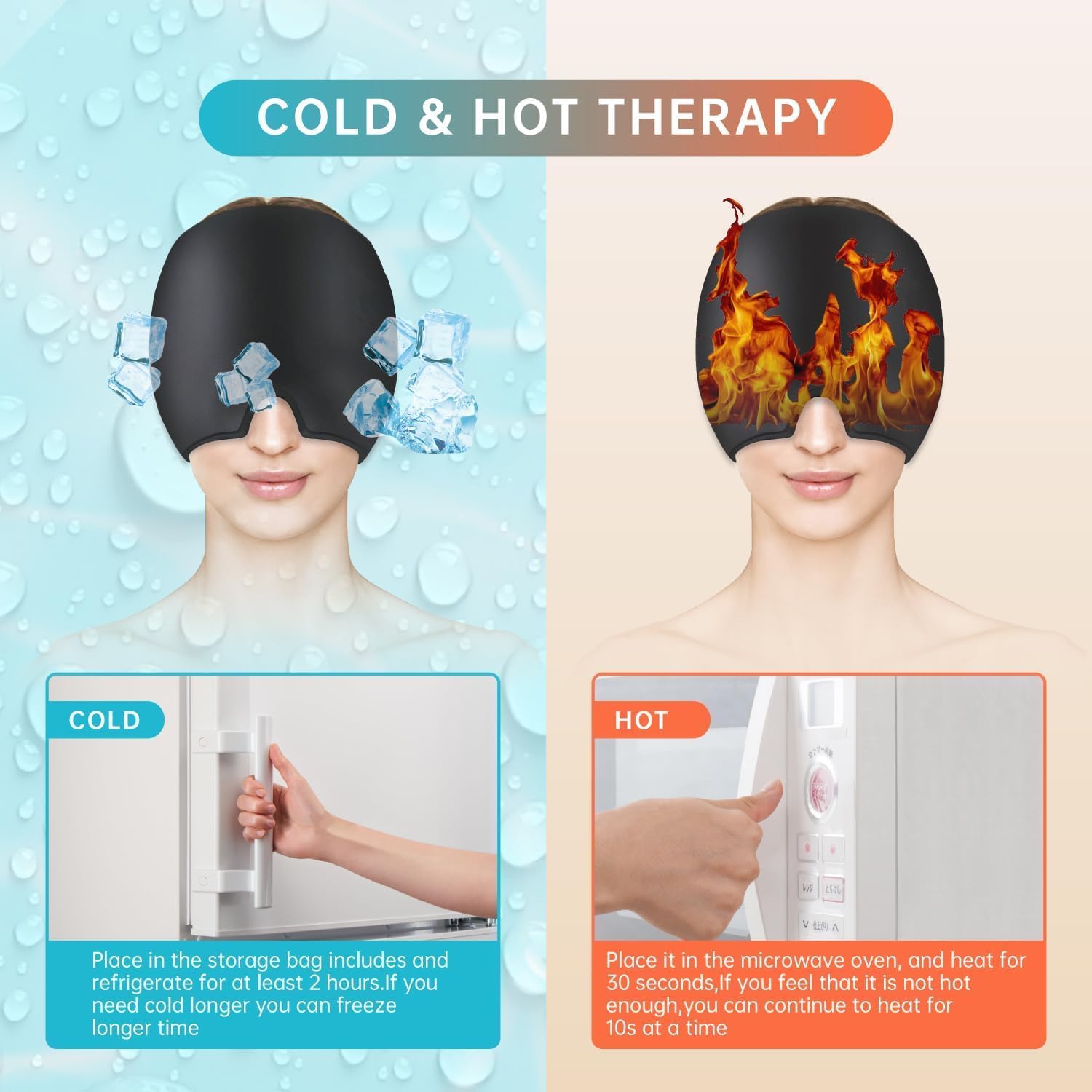 HARIHUB Migraine Relief Cap for Headache & Migraine Pain | Hot & Cold Therapy Cooling Gel Mask | Sinus, Stress, Tension Relief Head Wrap | Reusable Ice Pack Cap for Men & Women (BLACK) 2