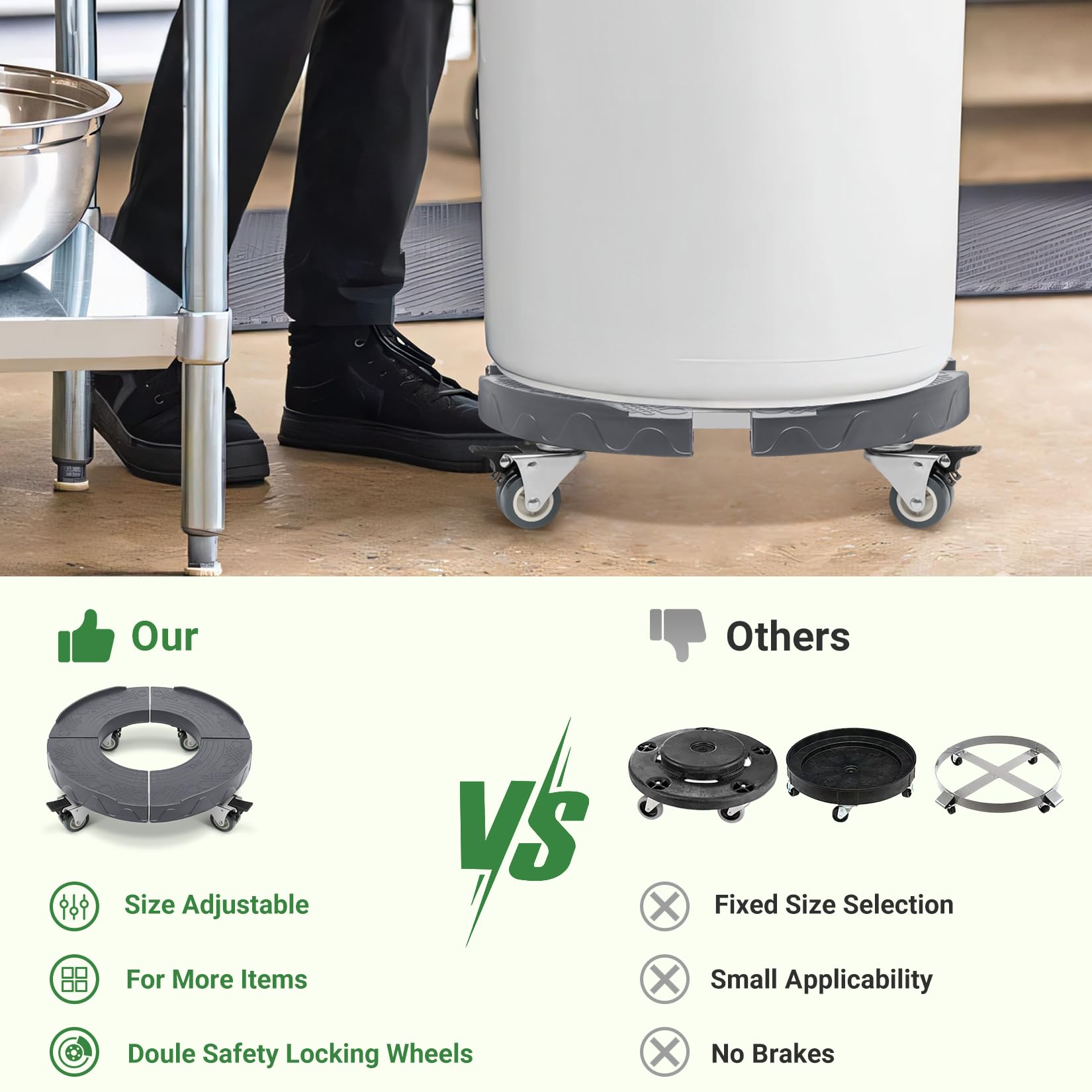 Nefish Ruedas de basura, ruedas redondas ajustables de 15 a 19 pulgadas con 4 ruedas, plataforma rodante de tambor resistente de 440 libras, carrito rodante multifuncional
