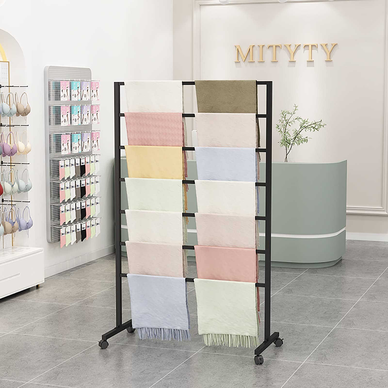 UWYTGF Mobile Multi-Purpose Display Rack Holder for Scarf/Jeans/Wrapping Paper/Cloths,Floor Standing Large Capacity Muti-Layer Storage Organizers with Wheels,Black,Length80Cm