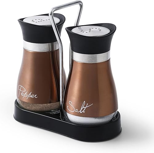 Juego de saleros y pimenteros, acero inoxidable con botella de vidrio para mesa, RV, campamento, barbacoa, juego de 2, cobre