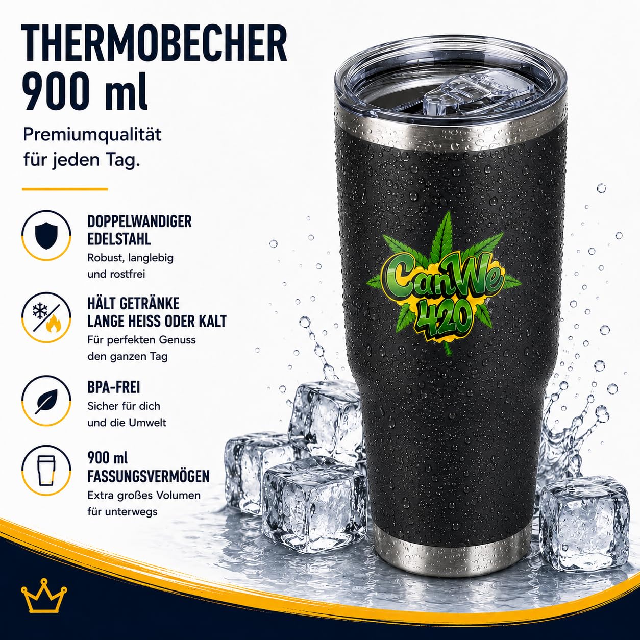 Thermo-Trinkbecher 900 ml [Doppelwandiger Edelstahl – 8 Std. heiß/12 Std. kalt] – auslaufsicherer Schiebedeckel – Becher für Auto & unterwegs – Farbe: Schwarz/Weiß/Olivgrün (Schwarz)